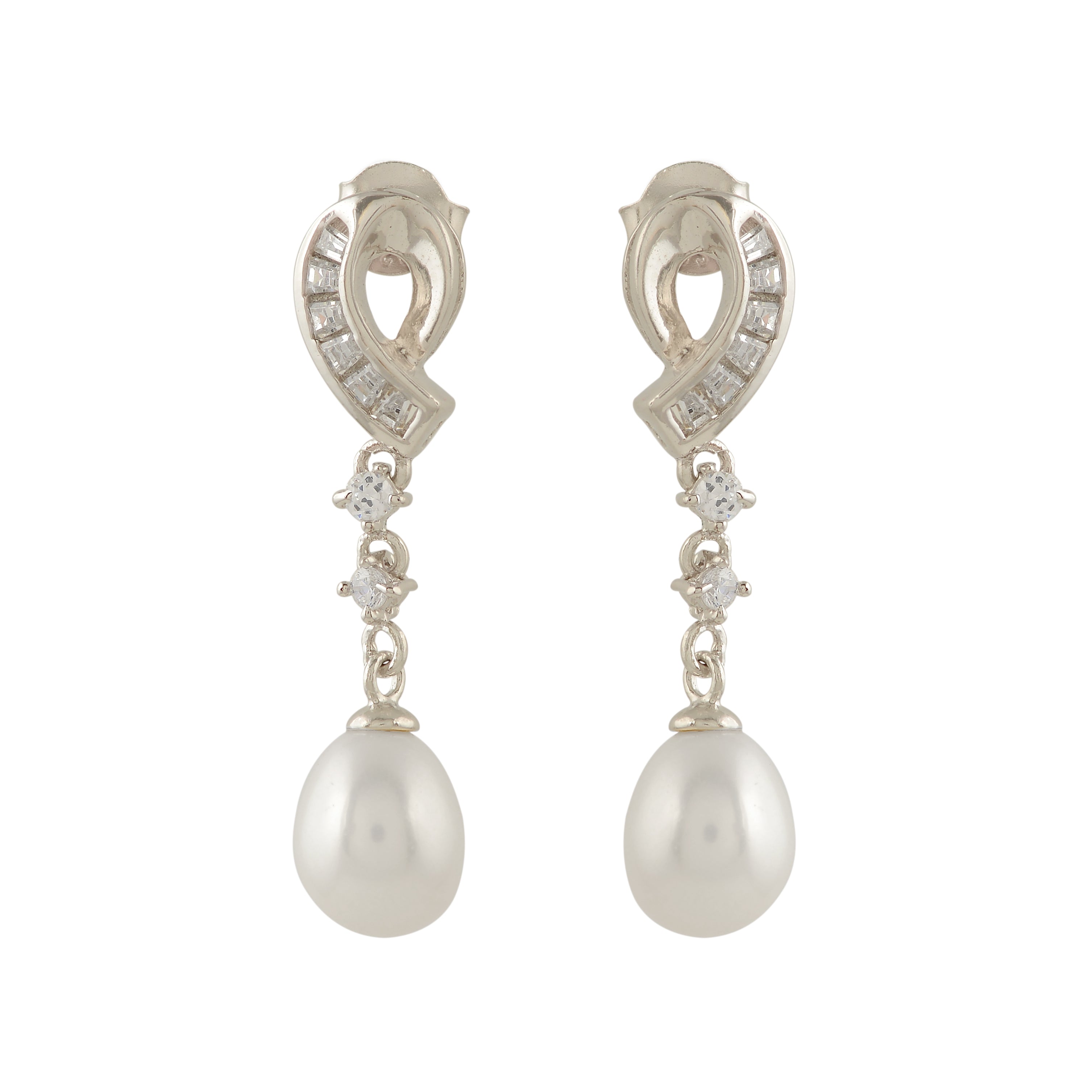 Silver S-shaped stud with freshwater pearl