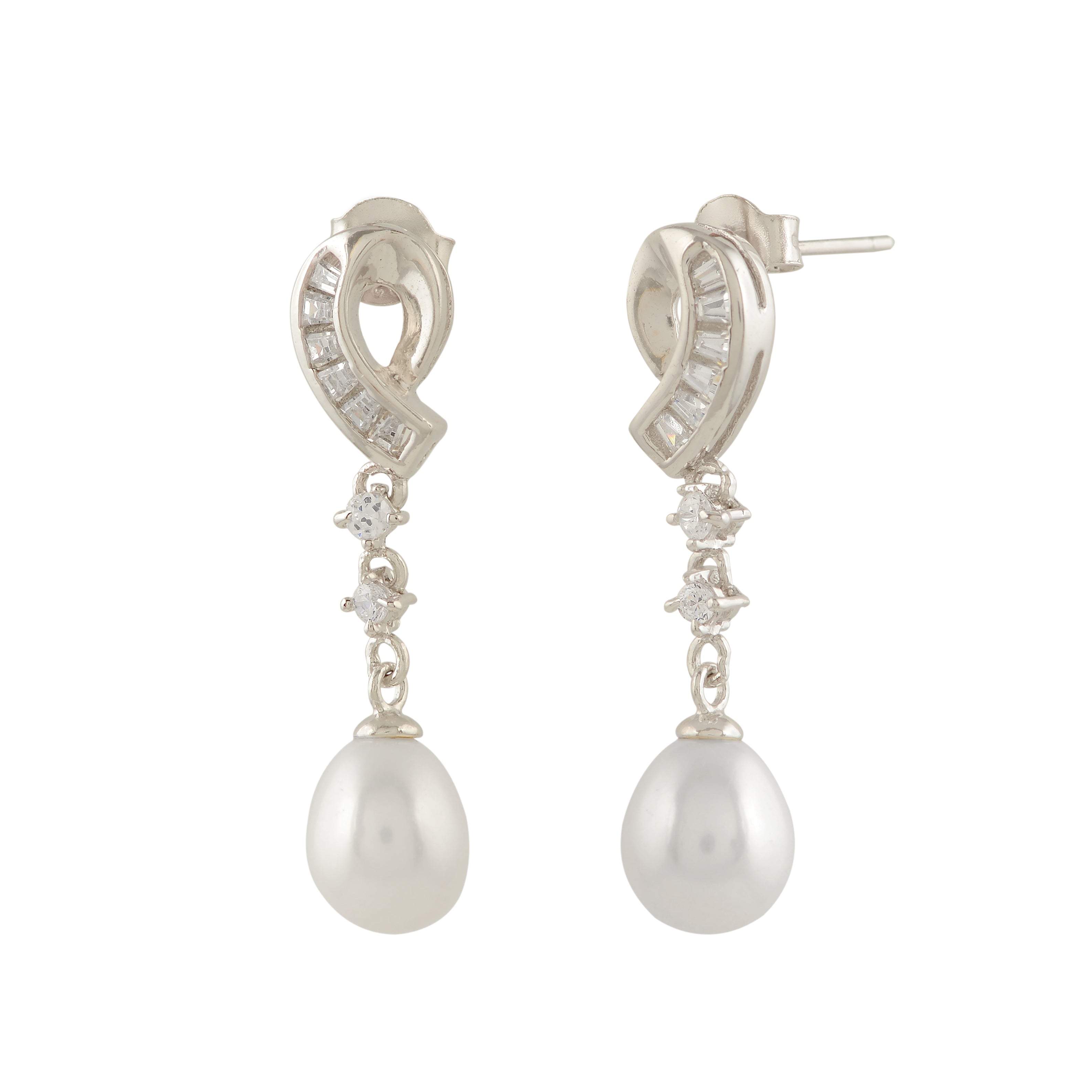 Silver S-shaped stud with freshwater pearl