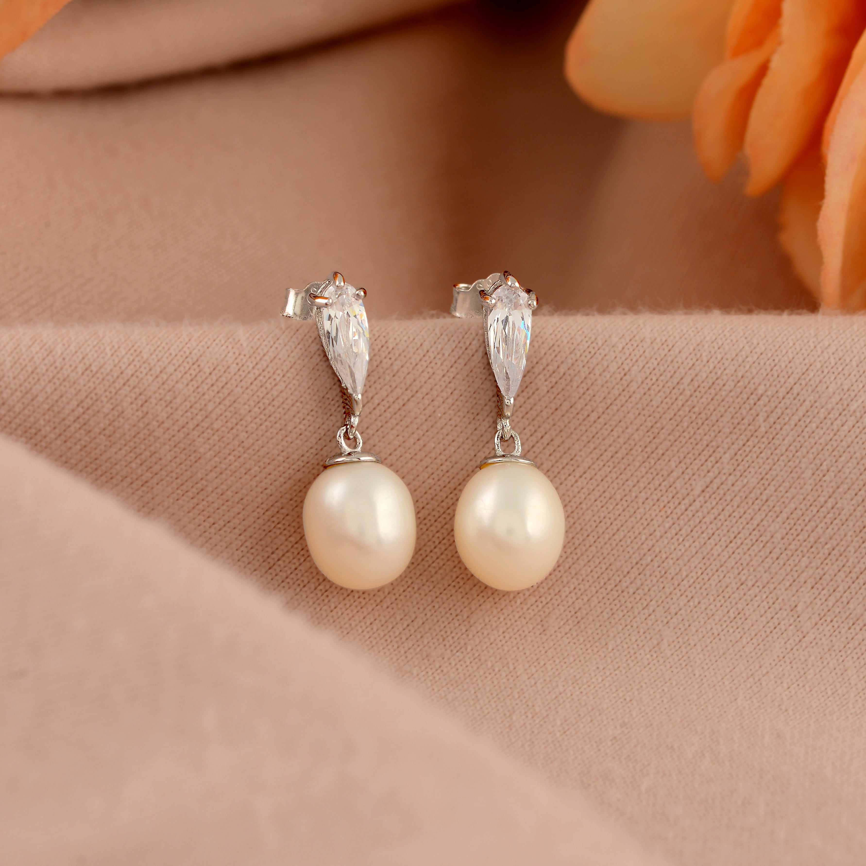 Silver Pear Shape Pearl Drop Earrings