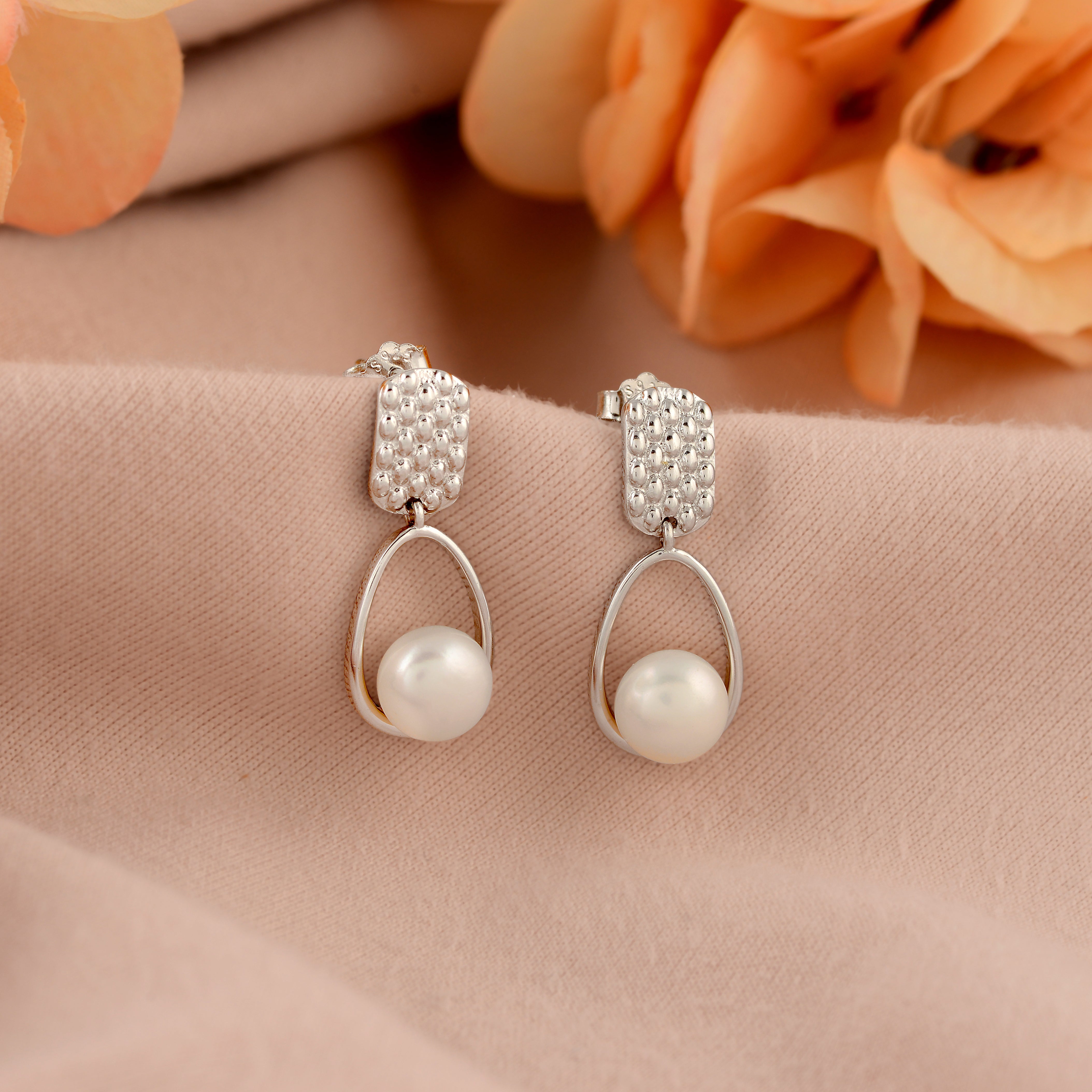 CZ,Silver Hanging Earrings with Freshwater Pearls