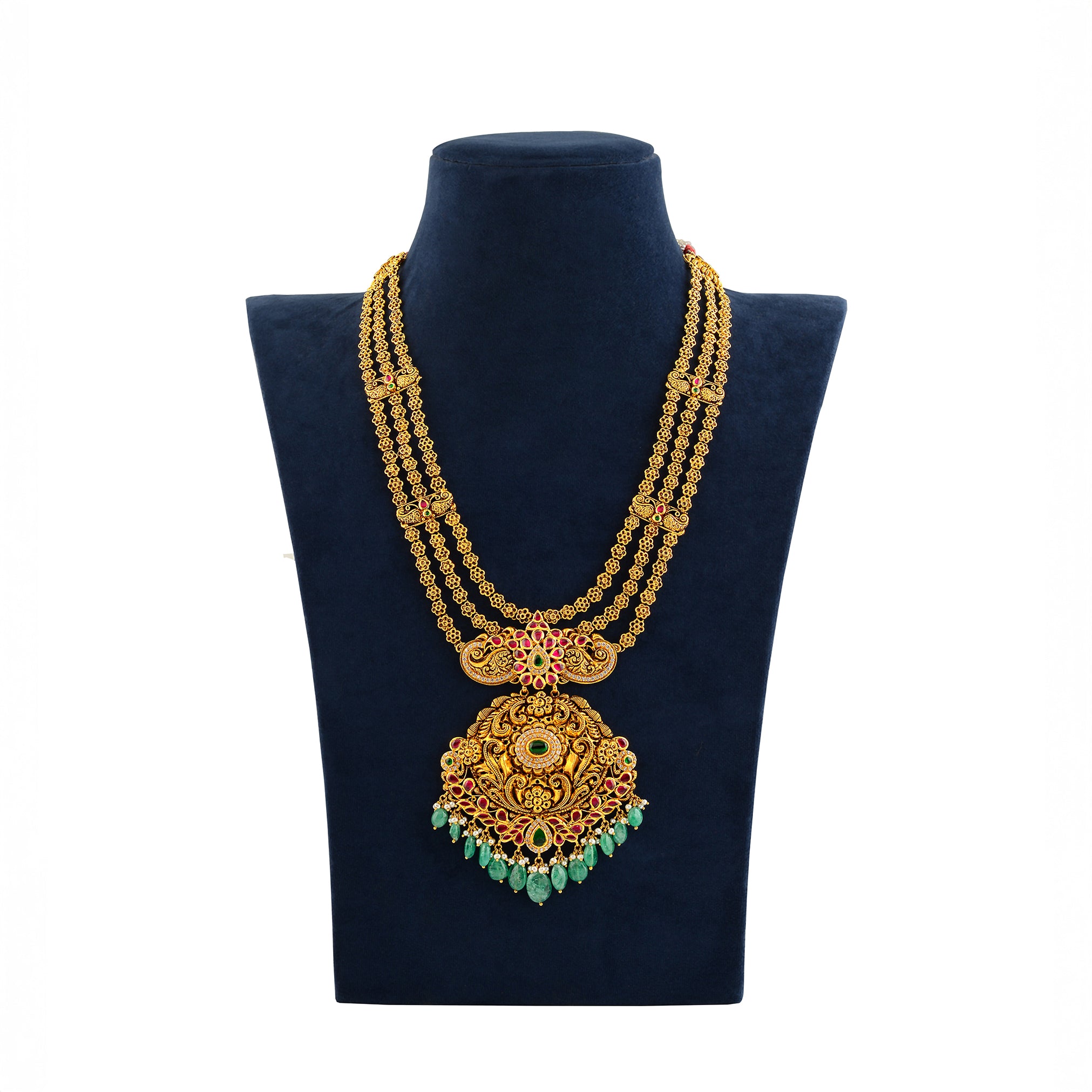 22K Gold Long 3-Layered Haar Necklace Bridal Temple Jewelry