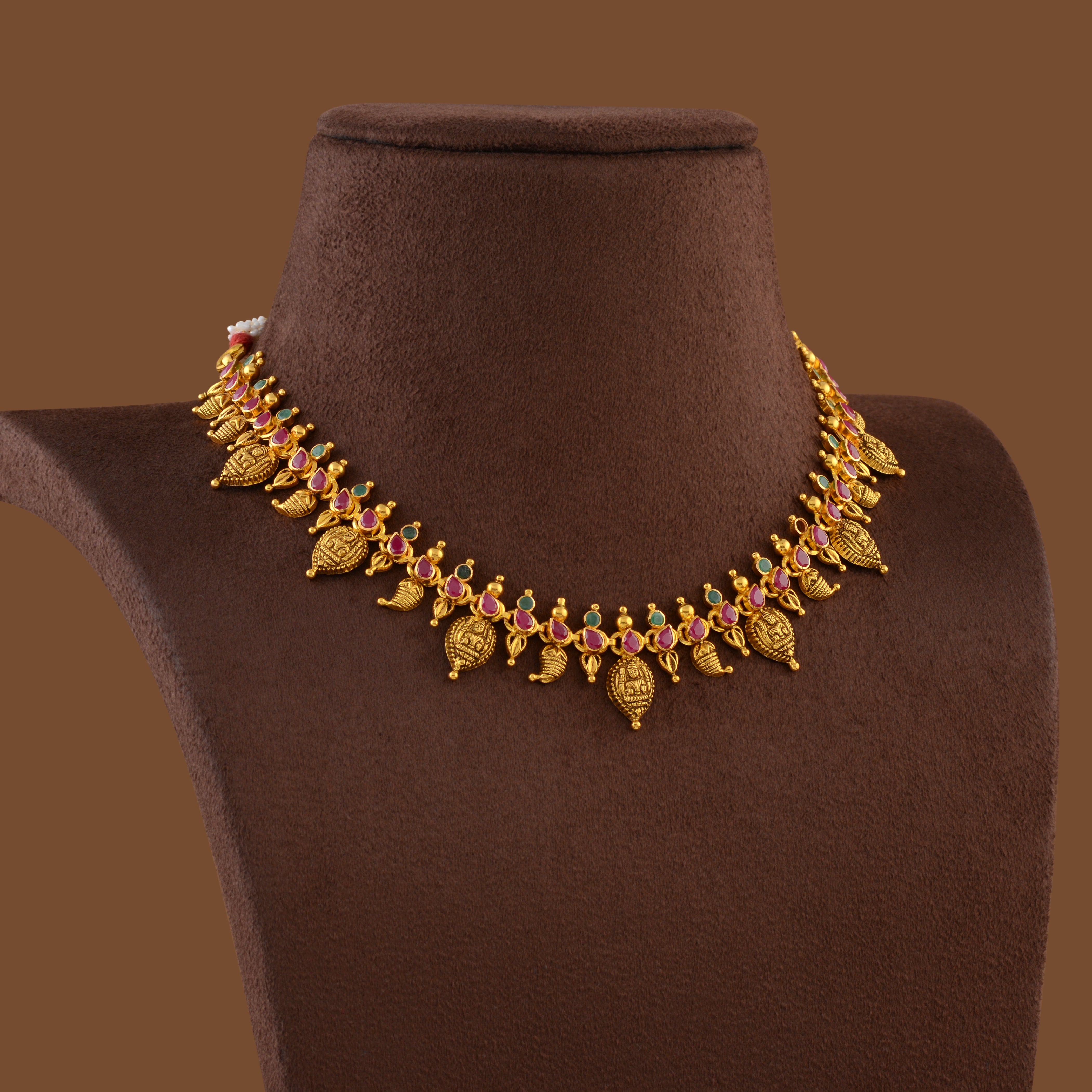 Short Gold Necklace in Laxmi And Mango Design