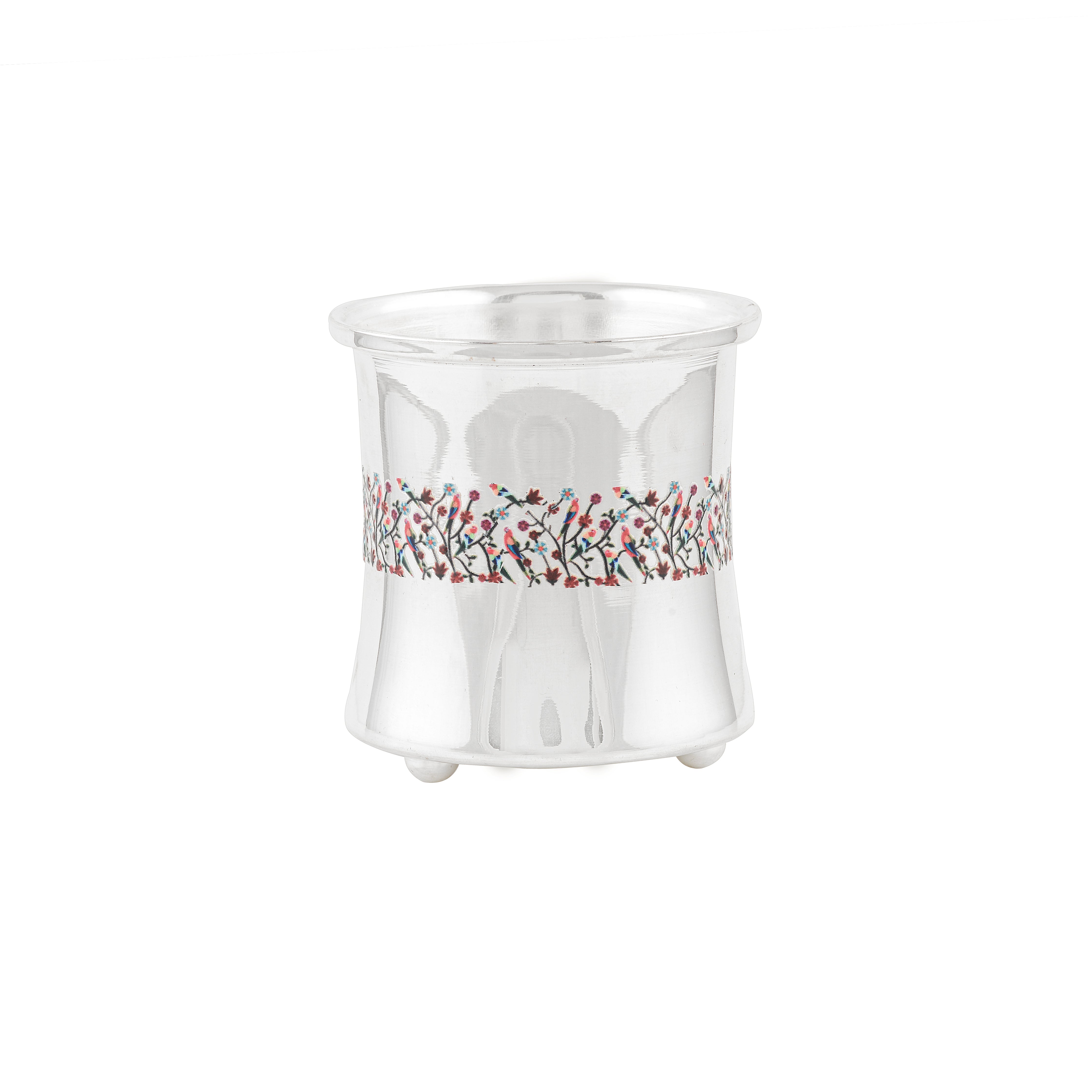 Pure Silver Embossed & Enamel Paint Floral Panchapatra