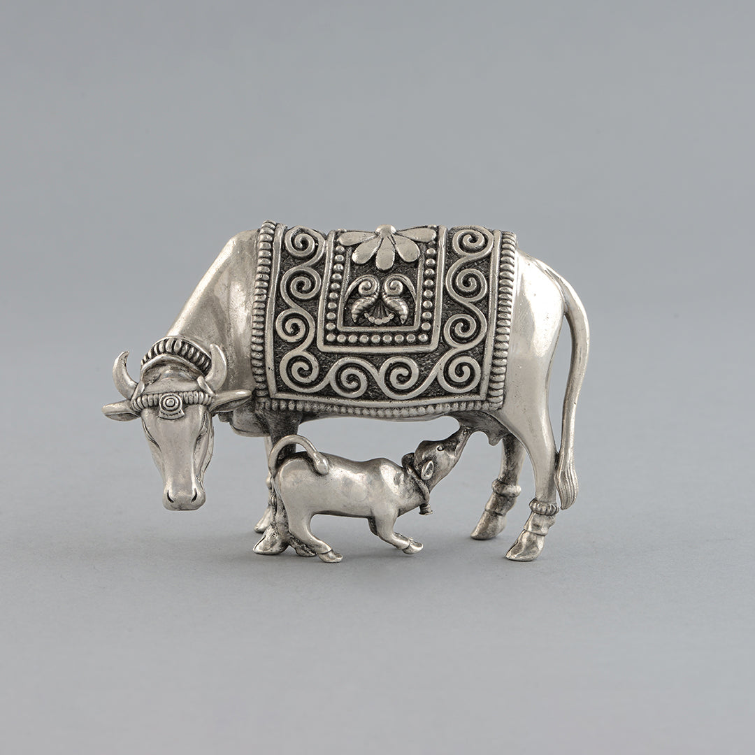 Blessed Cow and Calf Idol in Silver