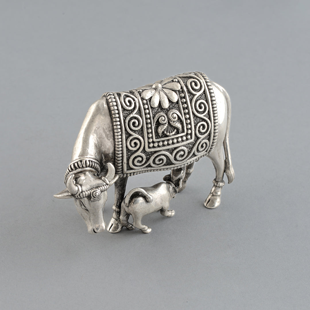 Blessed Cow and Calf Idol in Silver