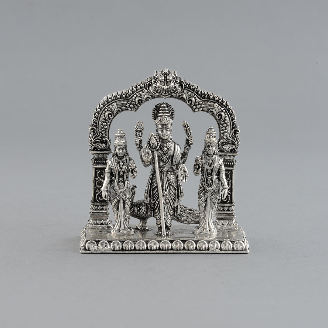 Silver Idol of Lord Murugan with His Consorts