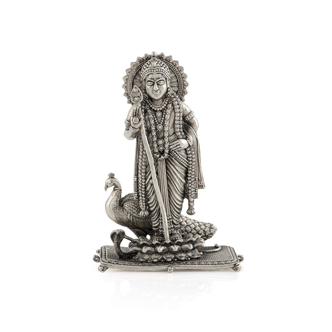 Lord Murugan in Silver with Peacock and Snake