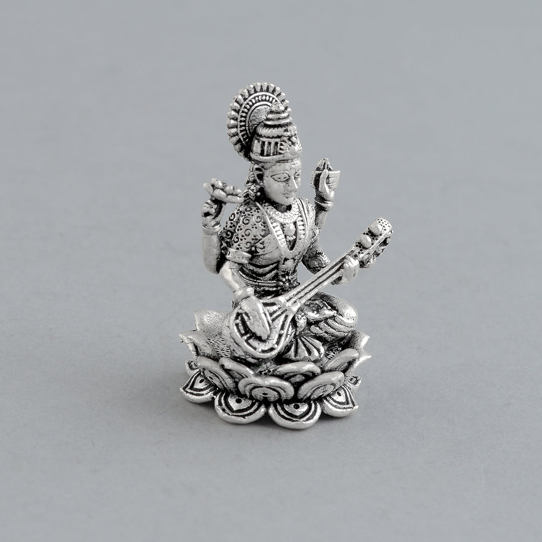 925 Silver Saraswati Devi Idol in Antique finish - Krishna Jewellers Pearls and Gems