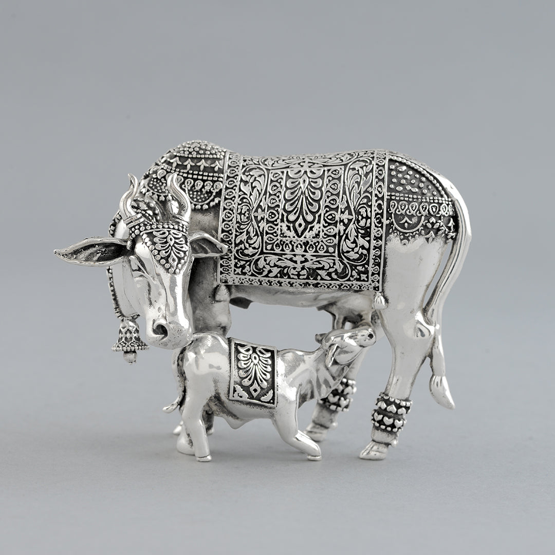 Divine Silver Cow and Calf in Antique Finish
