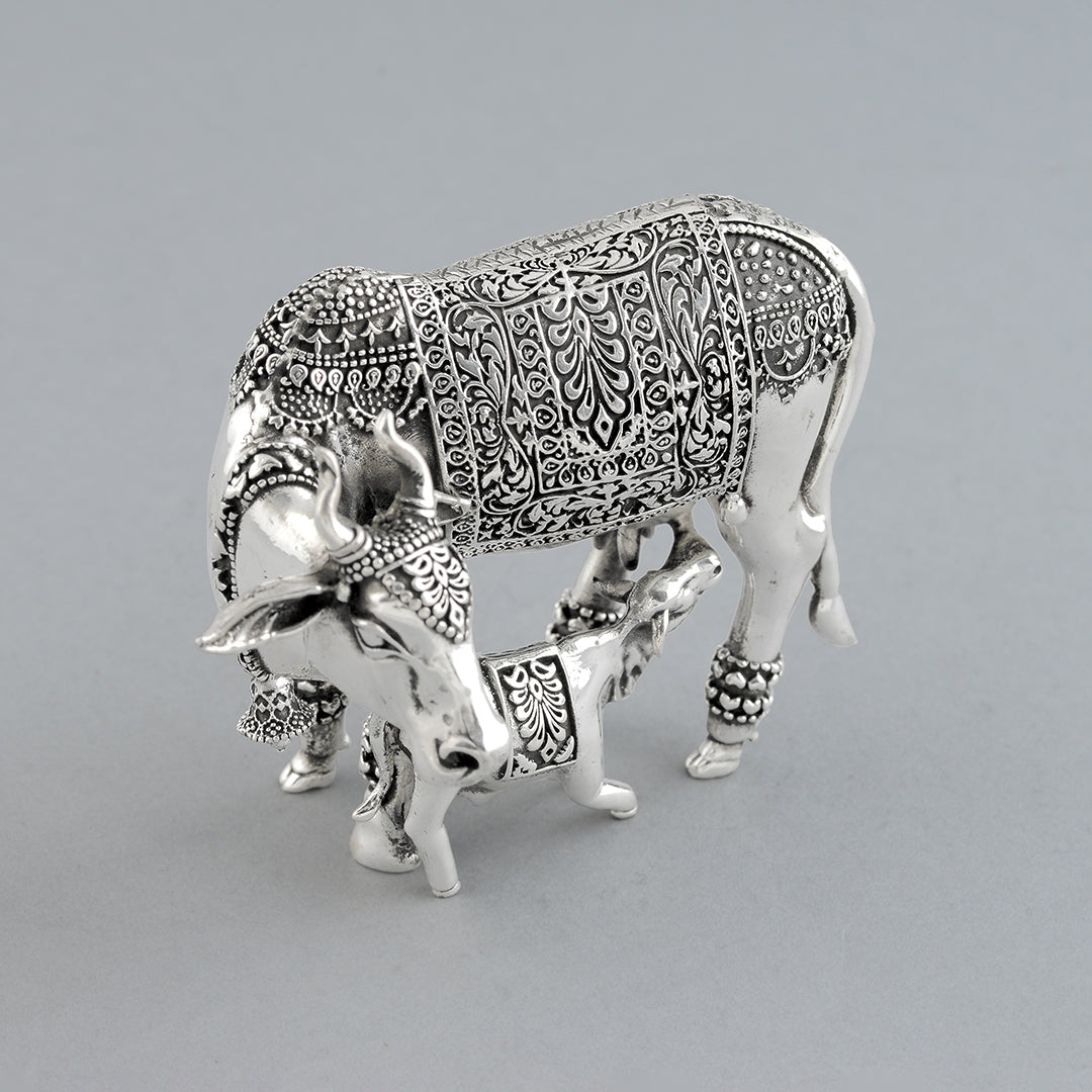 Divine Silver Cow and Calf in Antique Finish