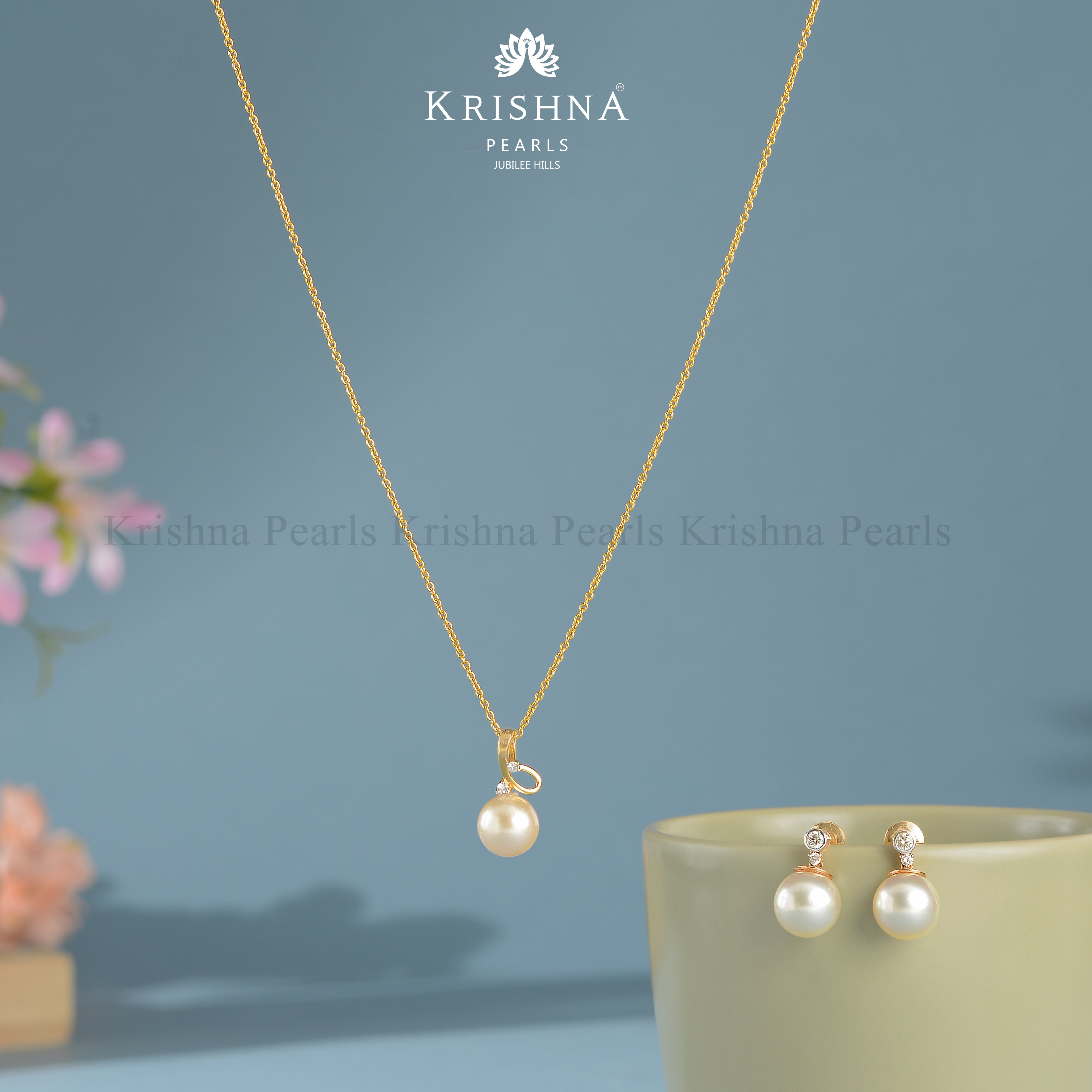 Gold Pearl Chain with Pendant and Matching Earrings Set - Krishna Jewellers Pearls and Gems