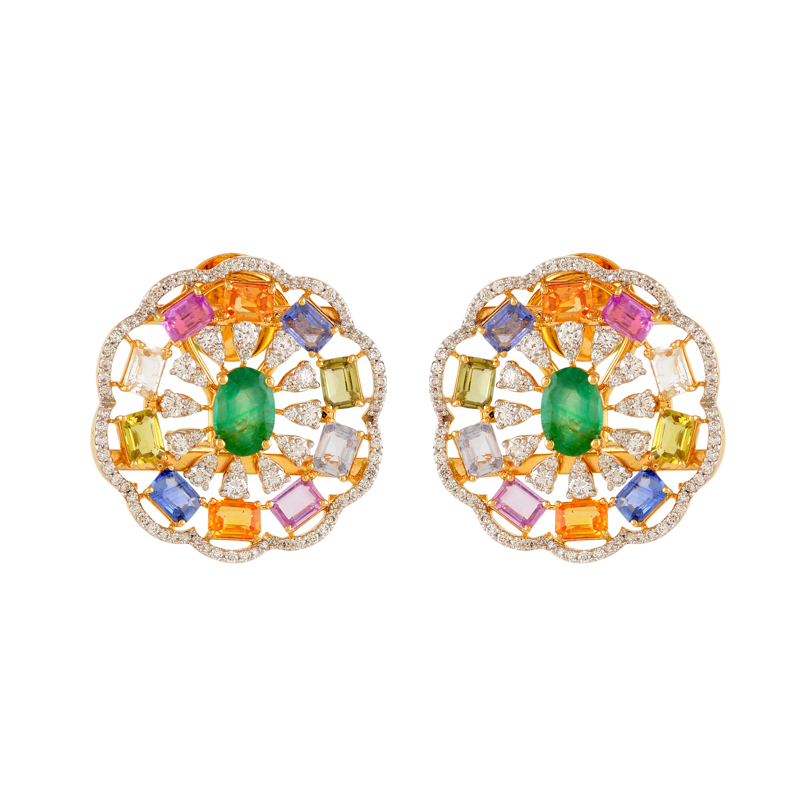 Unique Multicolor Tourmaline and Emerald Stud Earrings