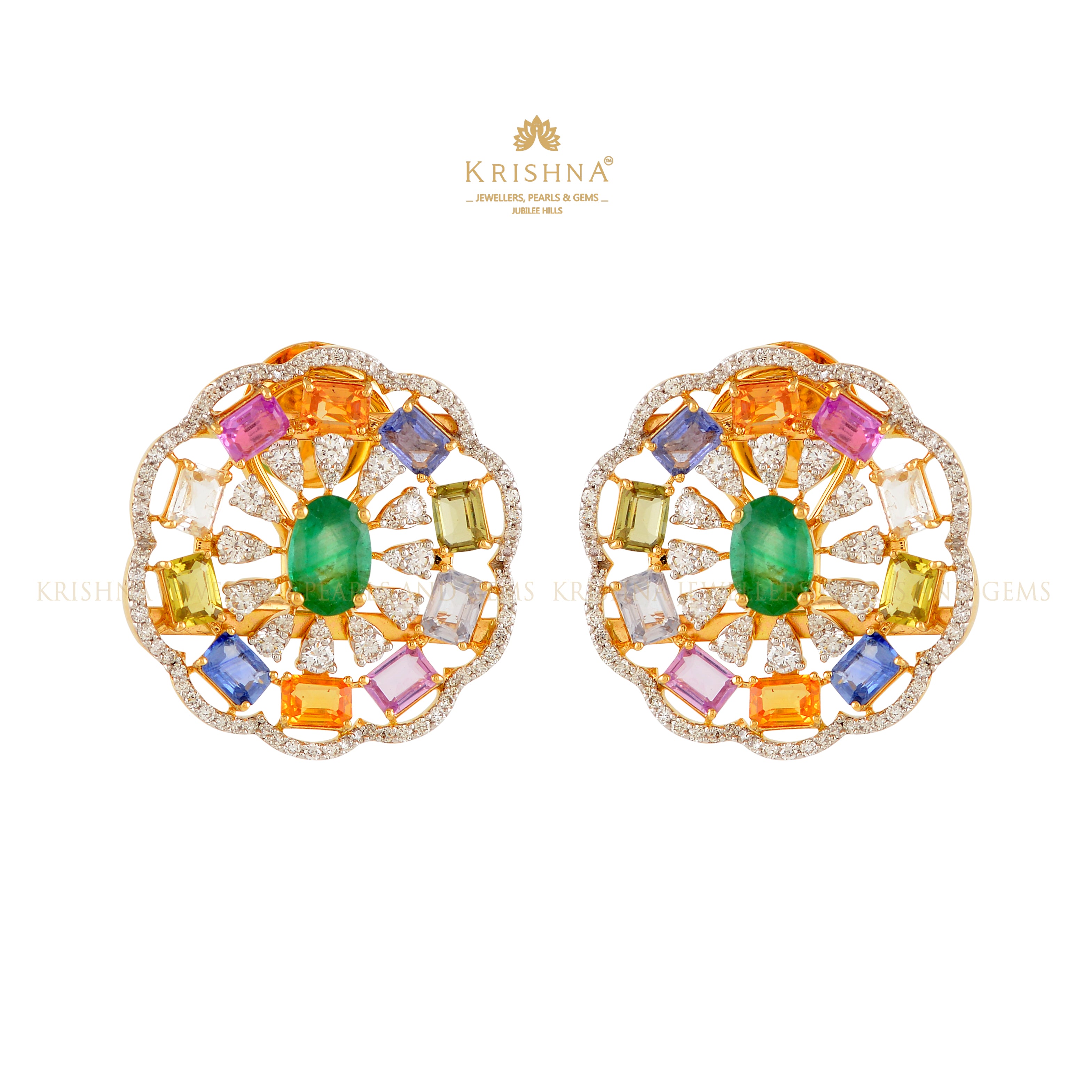 Unique Multicolor Tourmaline and Emerald Stud Earrings