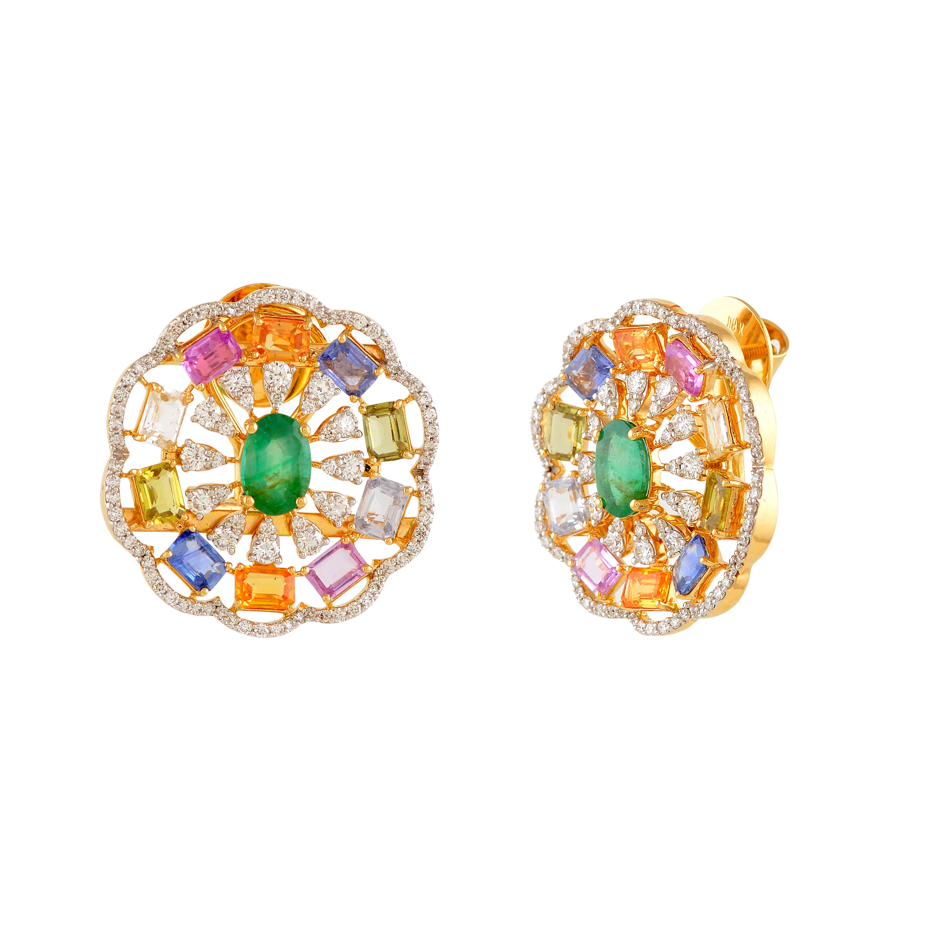 Unique Multicolor Tourmaline and Emerald Stud Earrings