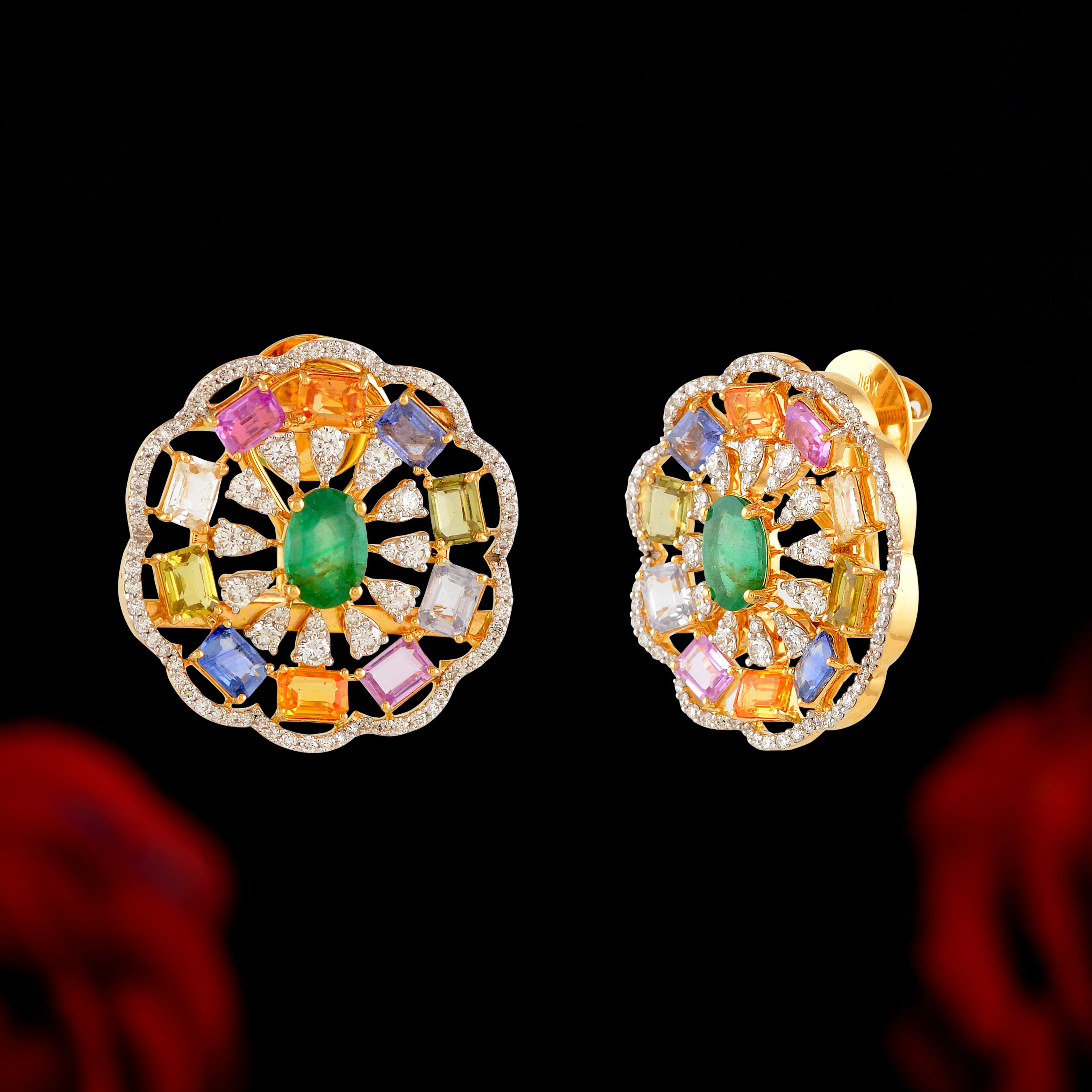 Unique Multicolor Tourmaline and Emerald Stud Earrings