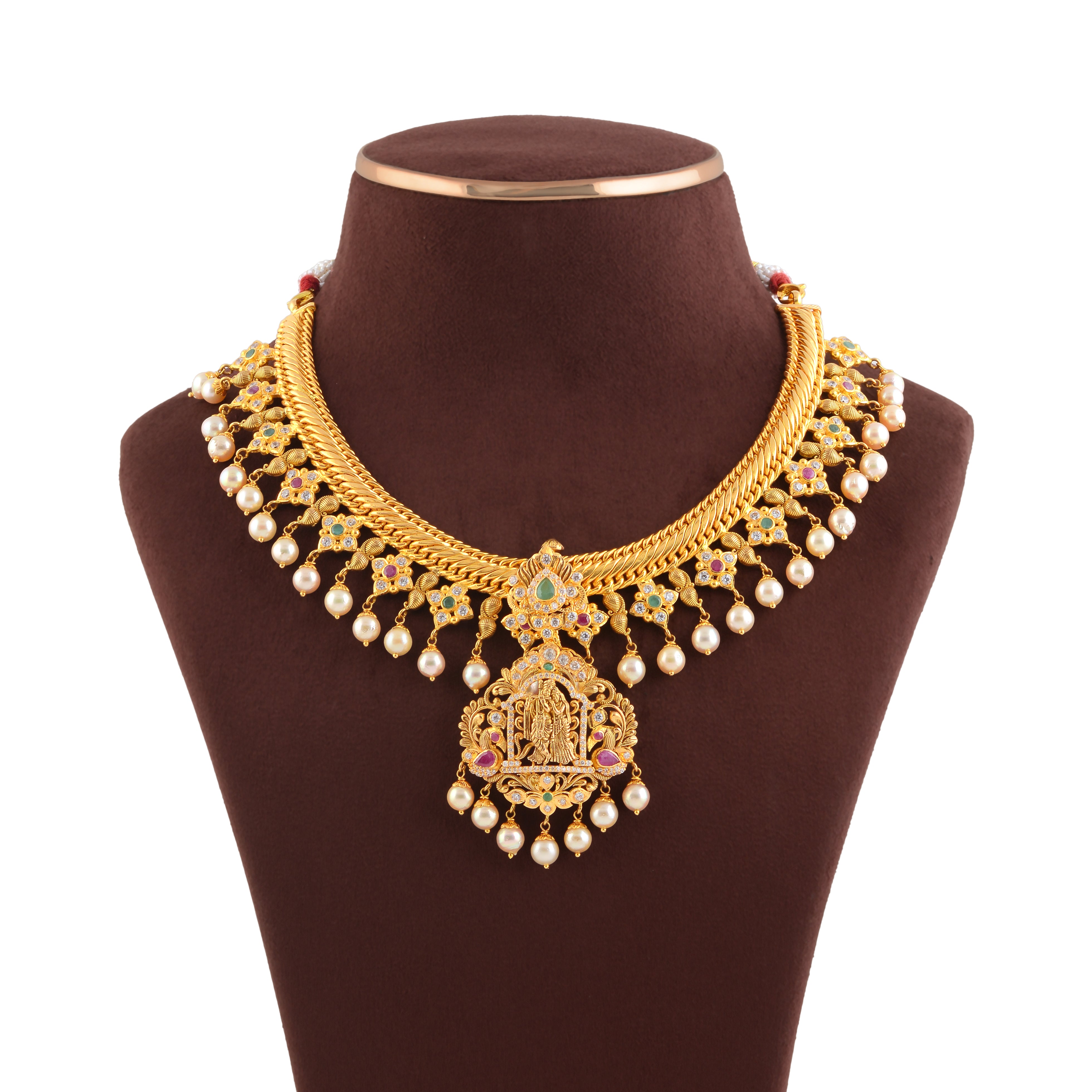 Jalebi Chain Necklace with Radha Krishna Motif and Pearl Accents