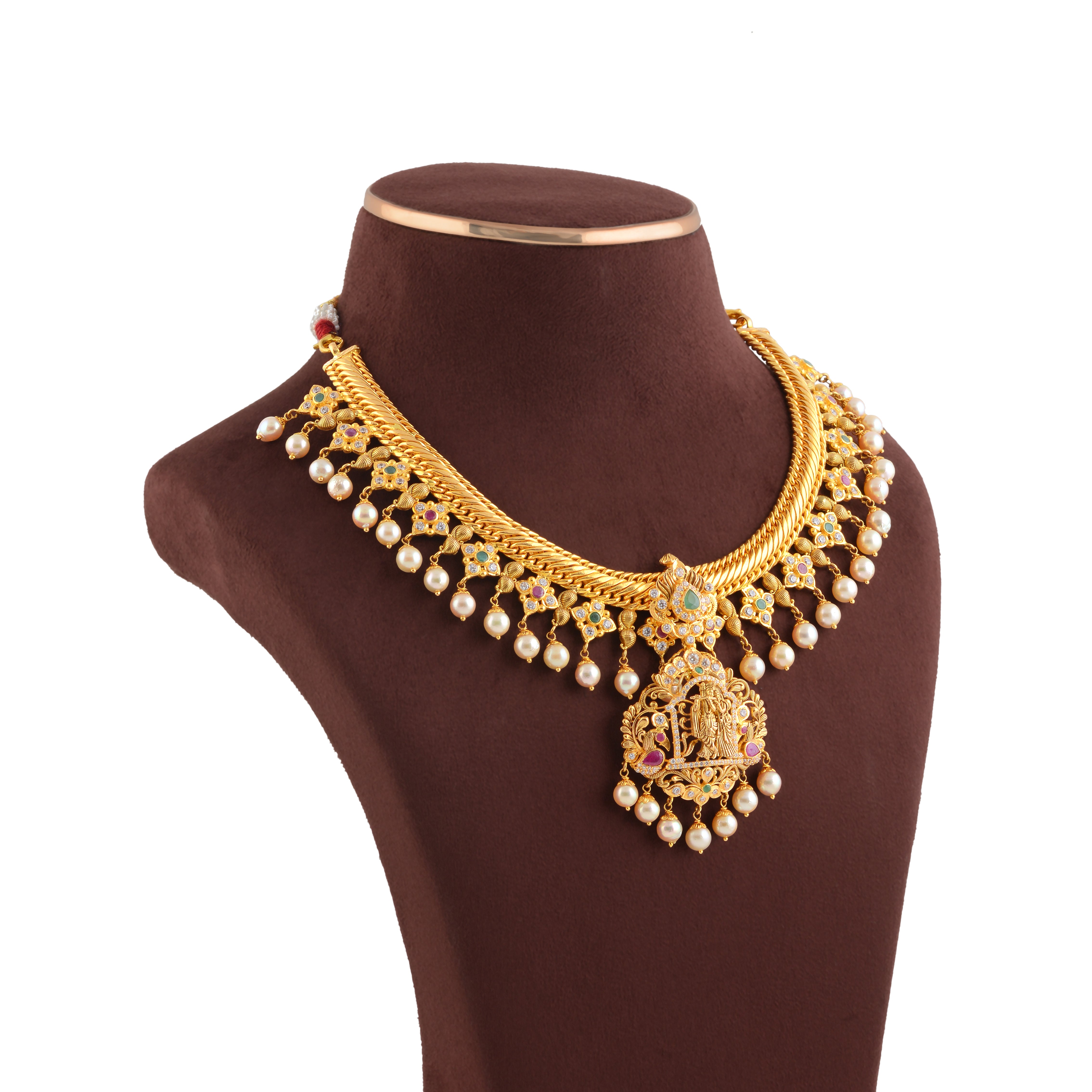 Jalebi Chain Necklace with Radha Krishna Motif and Pearl Accents