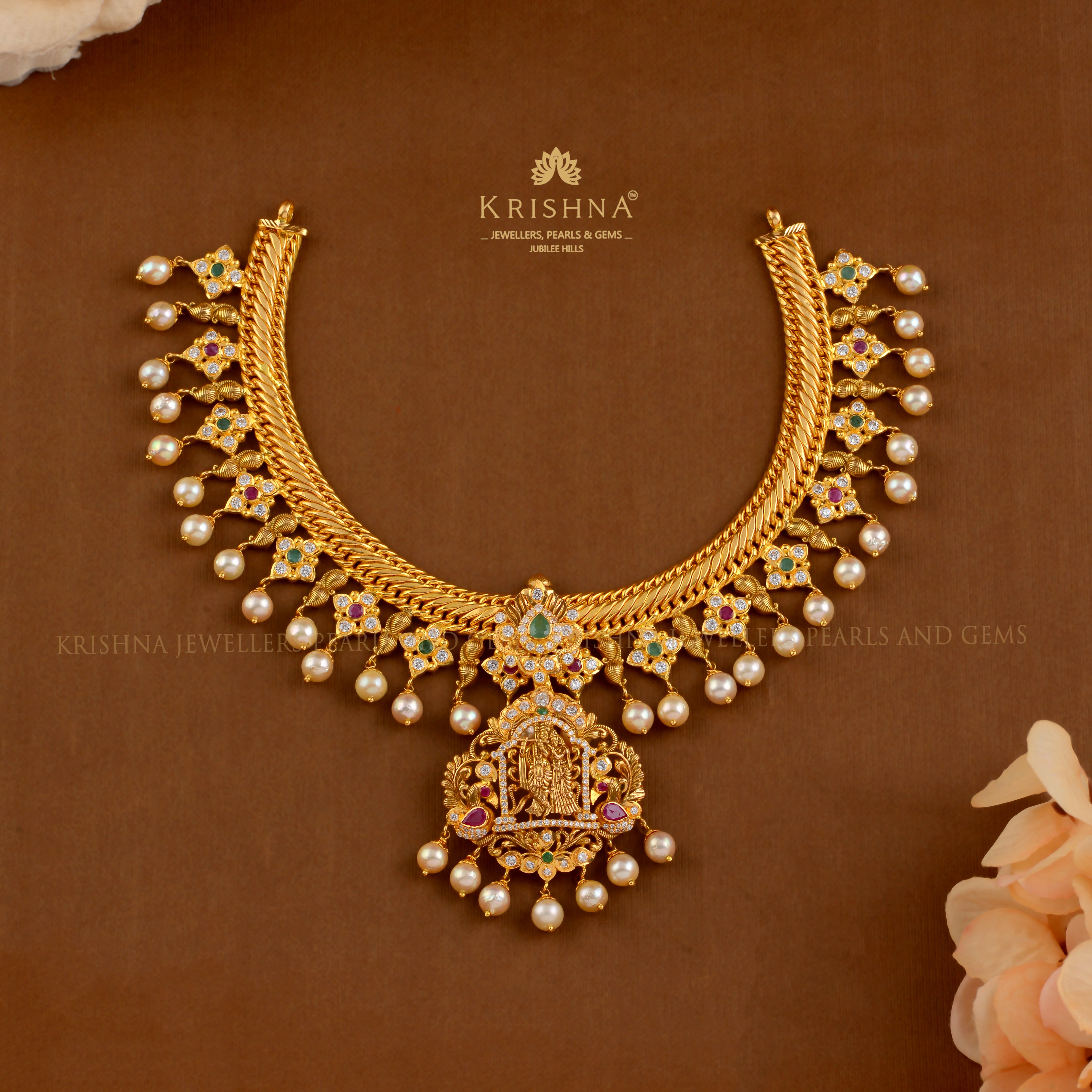 Jalebi Chain Necklace with Radha Krishna Motif and Pearl Accents