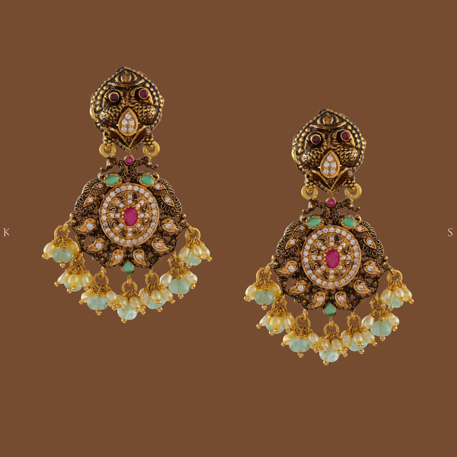 Antique Gold Earrings in Peacock Motif
