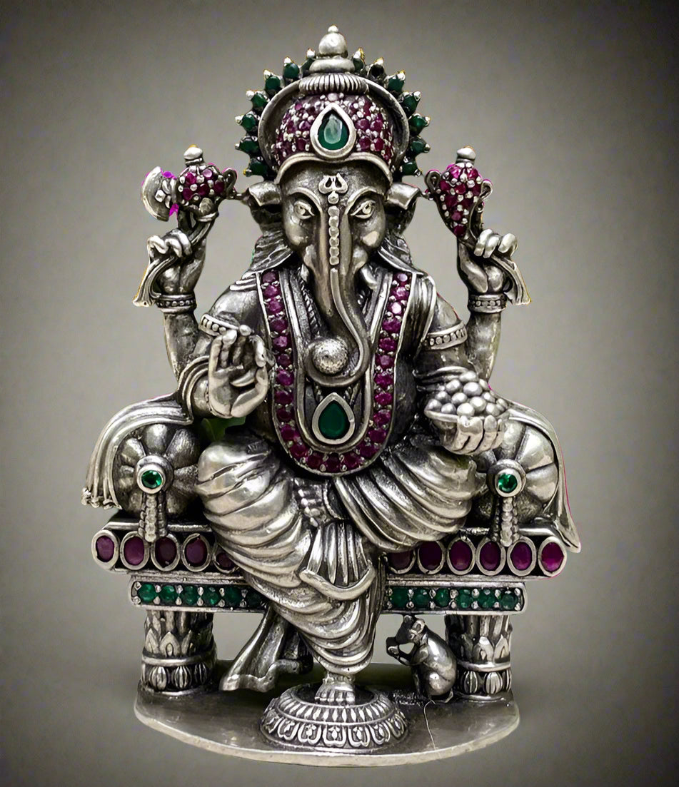 Silver Ganesh Idol with Gemstones for Prosperity & Luck