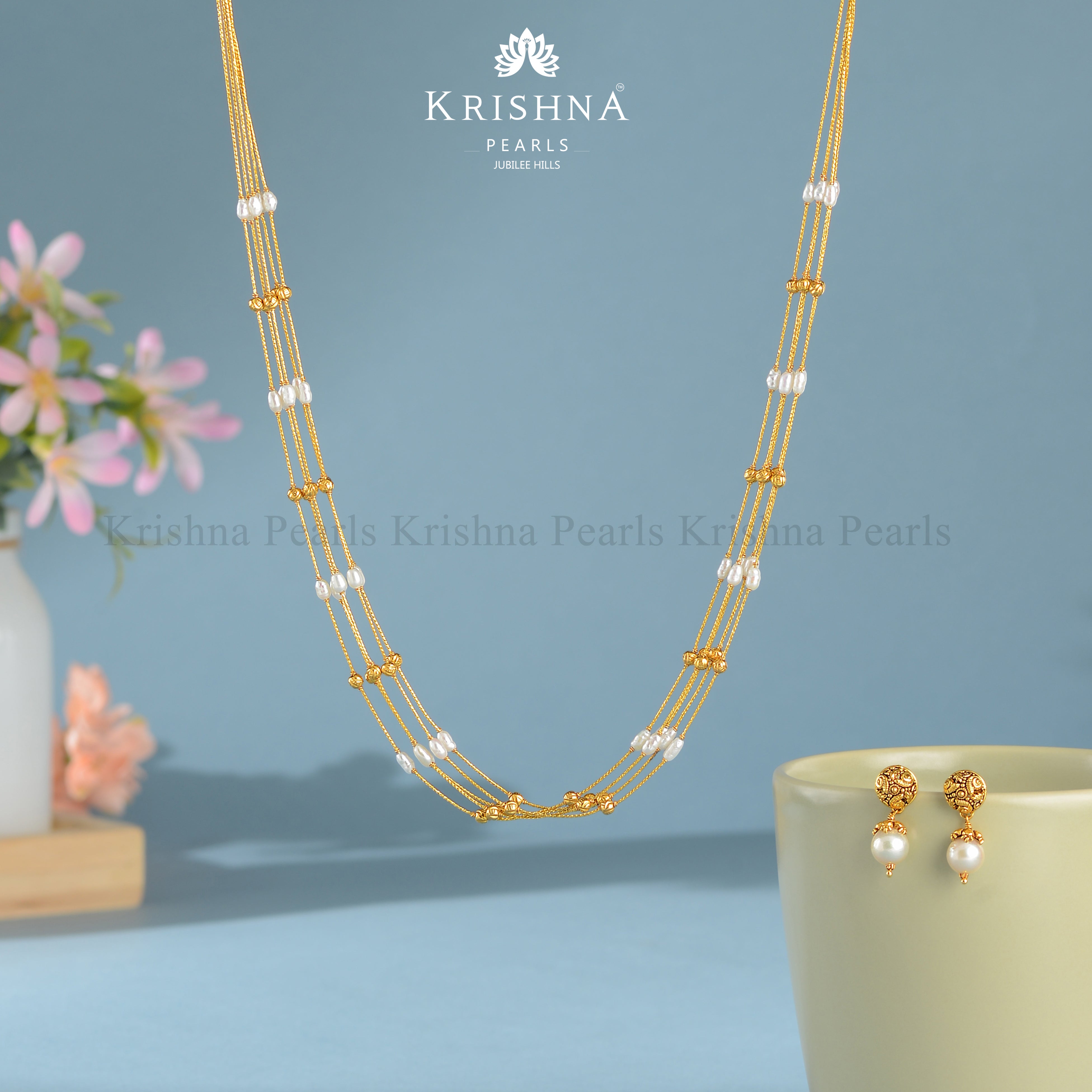 5-Layer Gold Pearl Chain with Matching Earrings Set - Krishna Jewellers Pearls and Gems