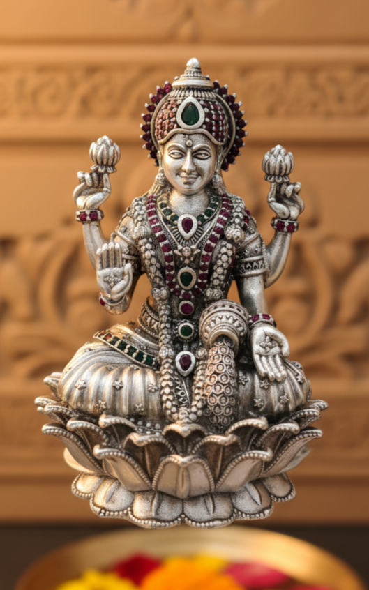 Silver Lakshmi Idol with Colorful Gemstones - Lotus Base