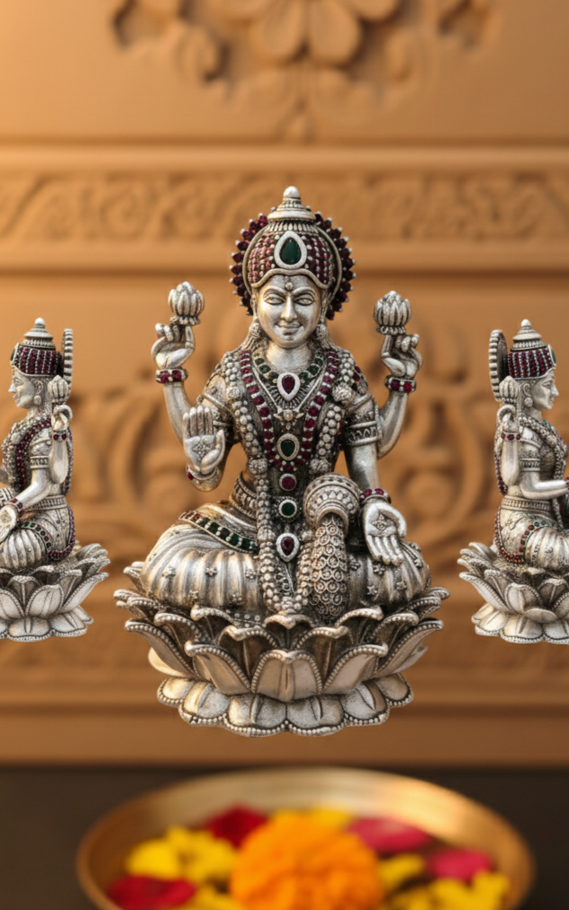 Silver Lakshmi Idol with Colorful Gemstones - Lotus Base