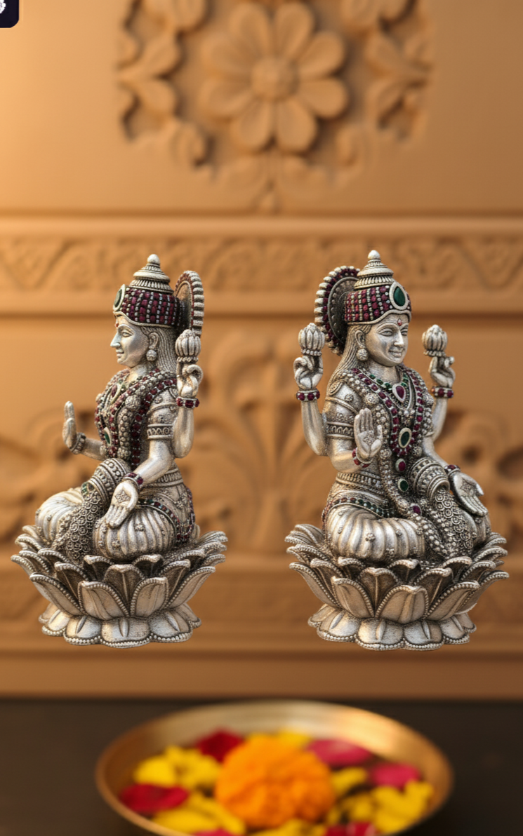 Silver Lakshmi Idol with Colorful Gemstones - Lotus Base