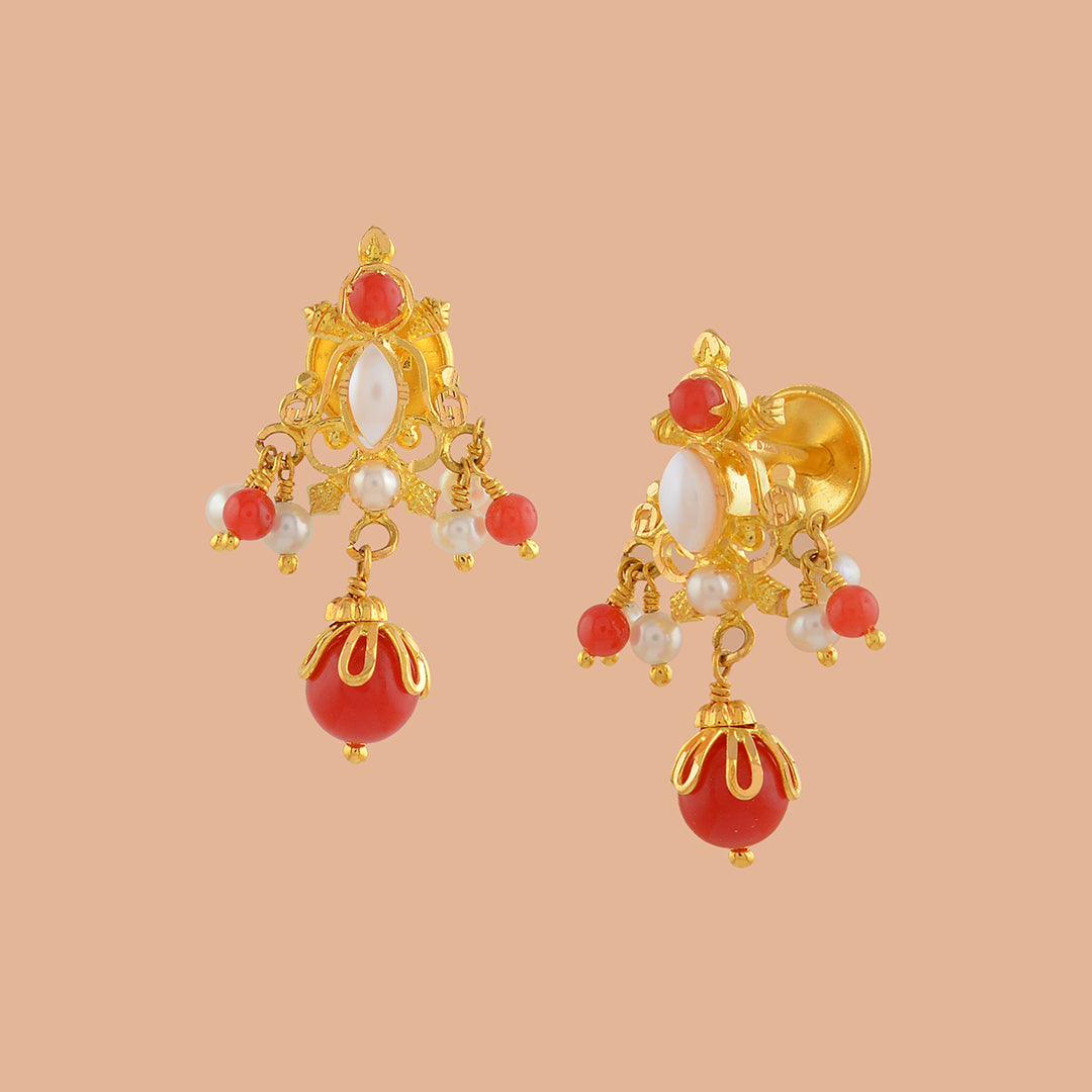 Coral and Pearl Gold Earrings