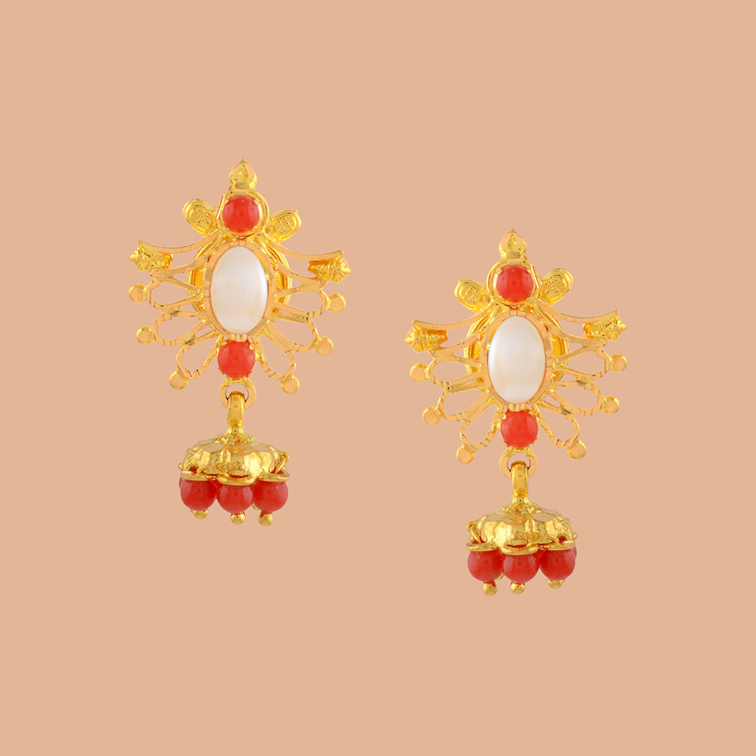 Gold Flower Earrings With Red Natural Stones - Vinty Jewelry