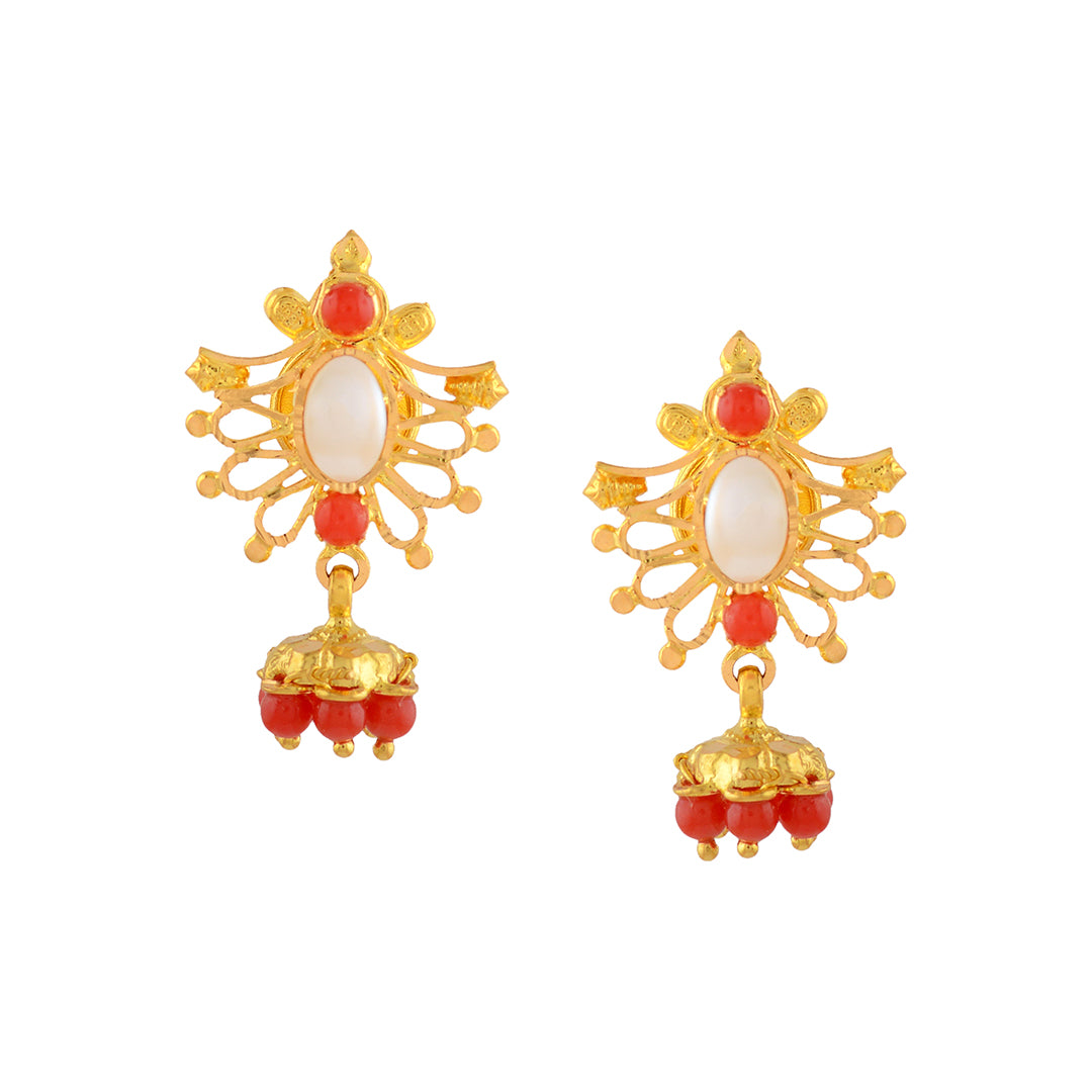 Coral and Pearl Gold Earrings in Butterfly Motif