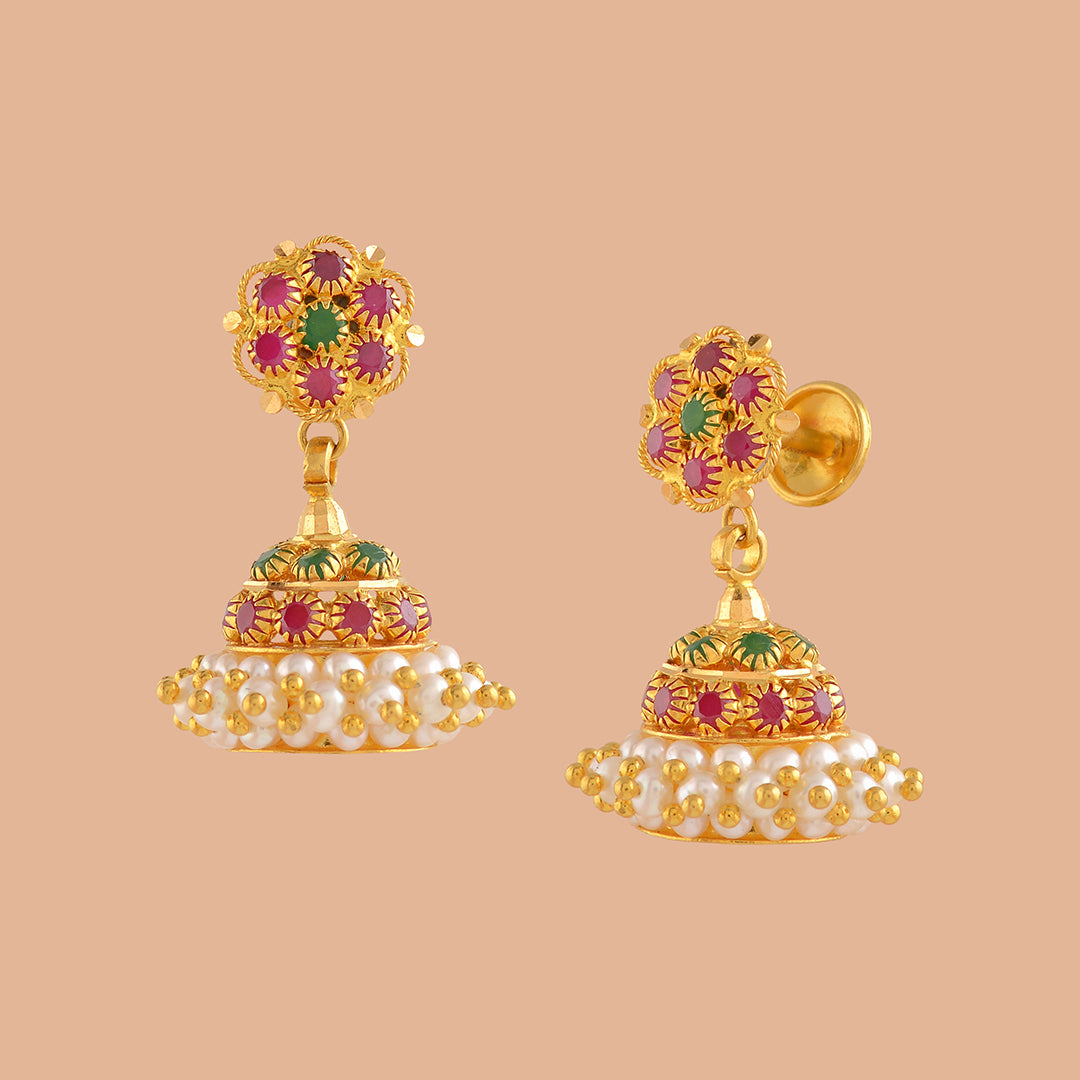 Gold Pearl Jhumka Earrings With Guttapusalu