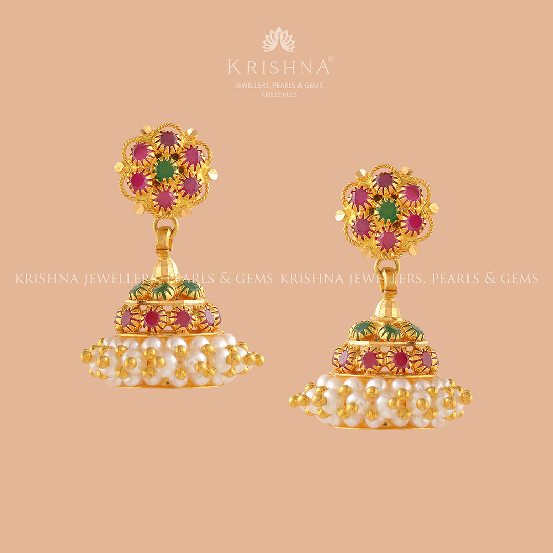 Gold Pearl Jhumka Earrings With Guttapusalu