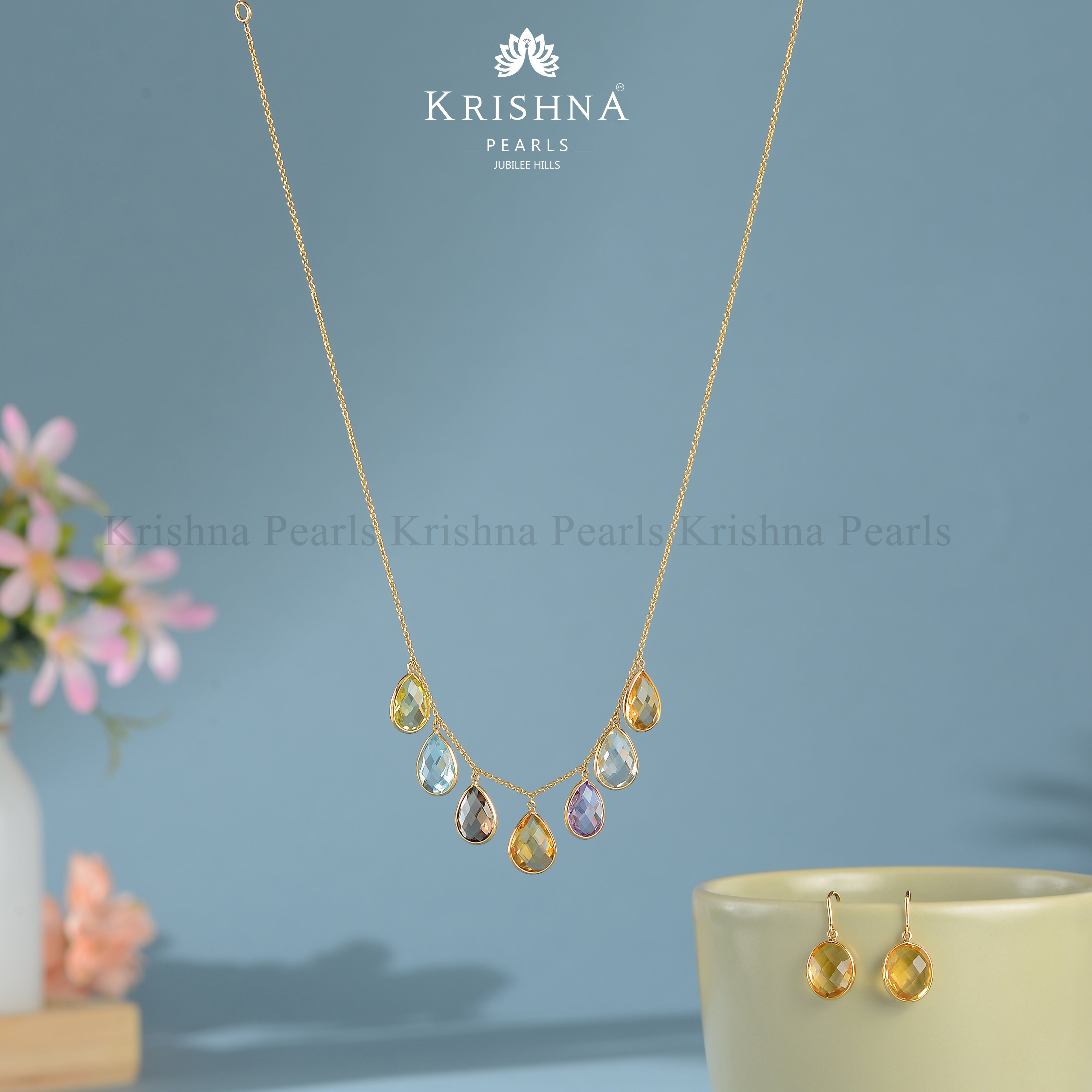 22k Gold Chain with Colorful Stones and Matching Earrings Set - Krishna Jewellers Pearls and Gems