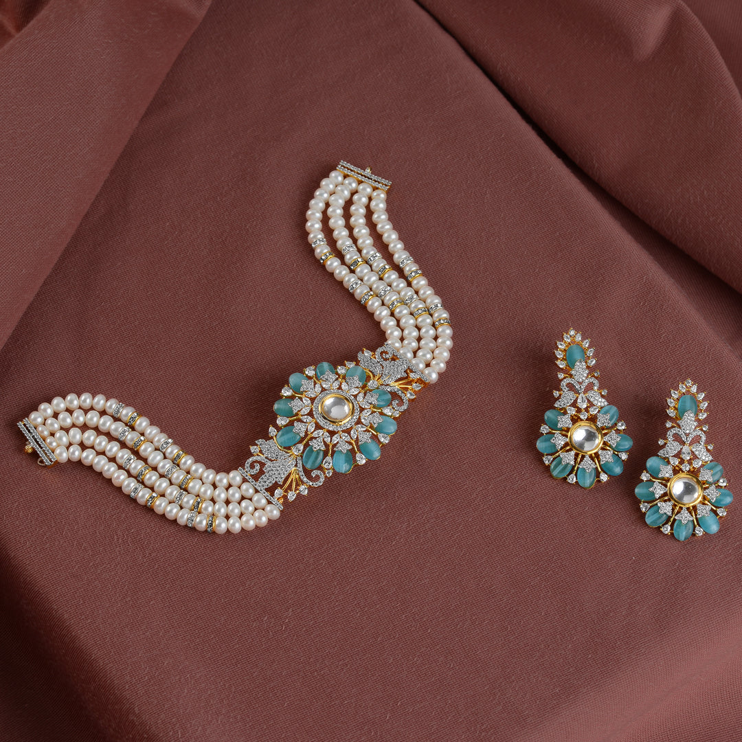 Beautiful Natural Pearl Choker Set with CZ and Green stones - Krishna Jewellers Pearls and Gems