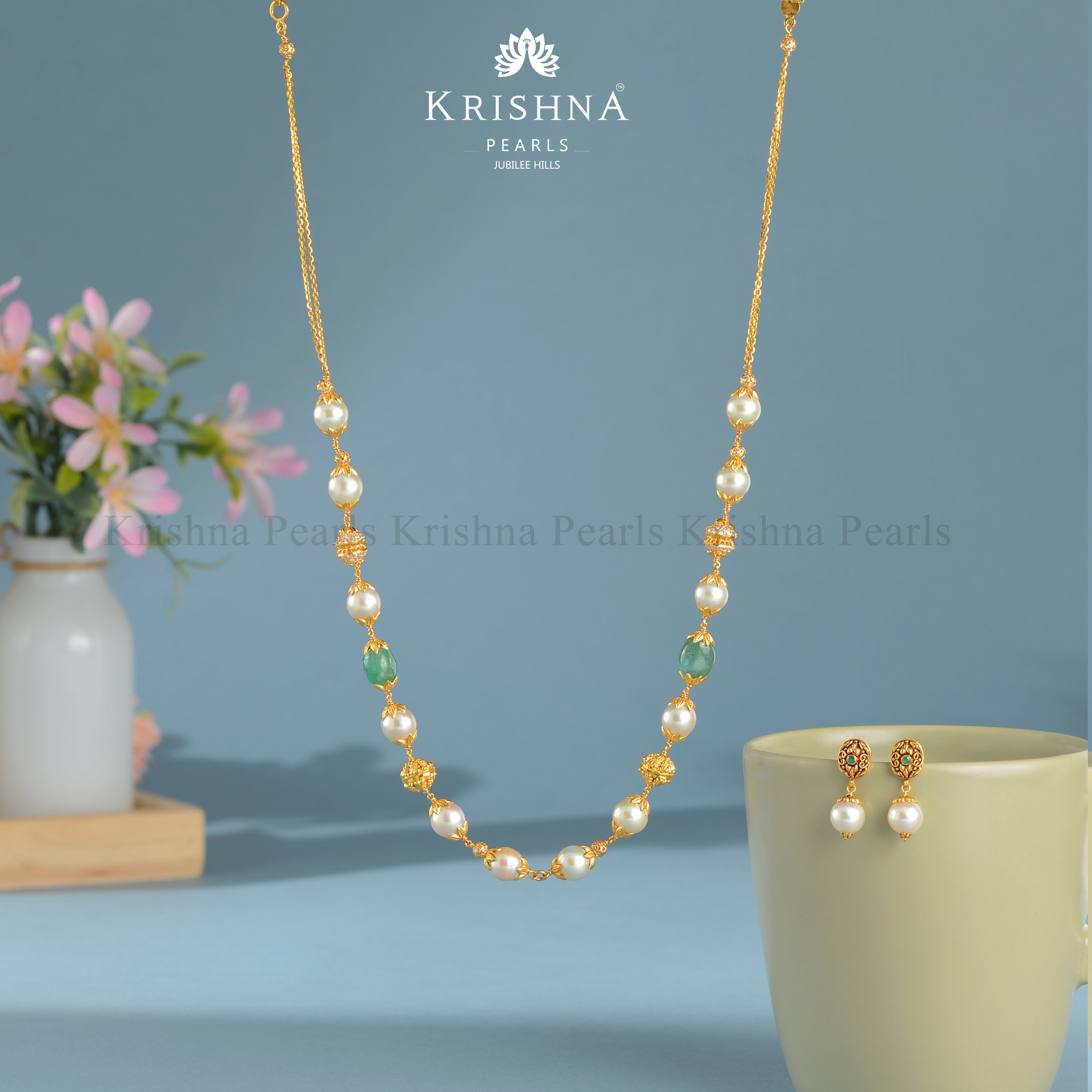 22k Gold Pearl Necklace and Earrings Set - Krishna Jewellers Pearls and Gems