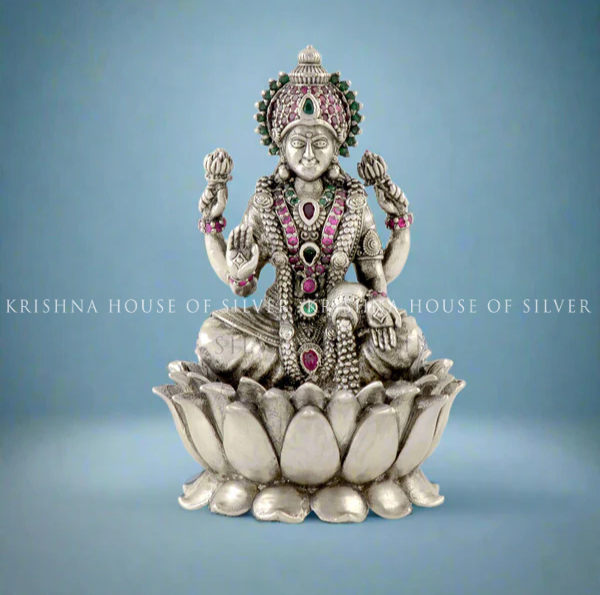 Silver Lakshmi Idol with Colorful Gemstones - Lotus Base Duplicate listing