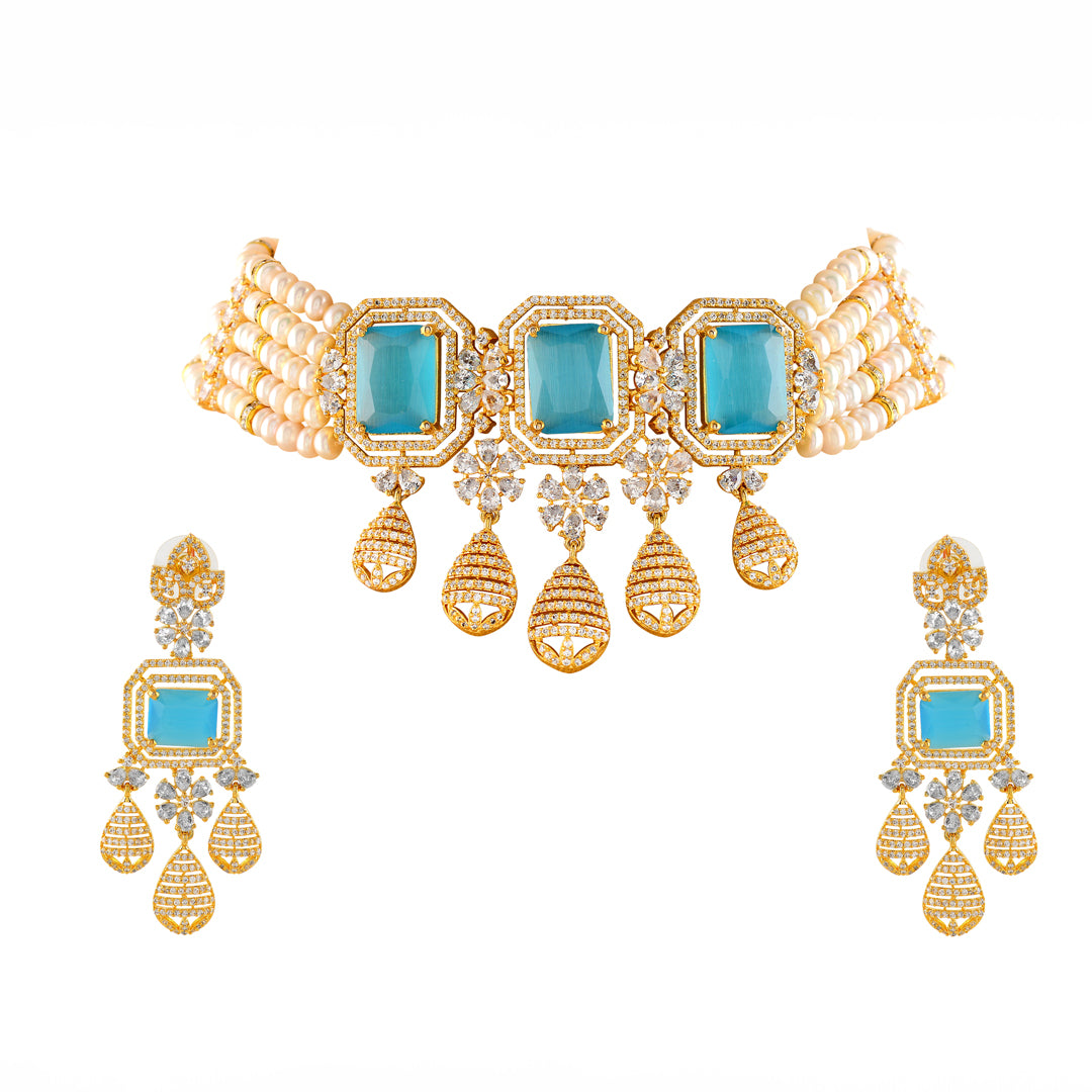 Beautiful Natural Pearl Choker Set with Bright Sky blue stones - Krishna Jewellers Pearls and Gems