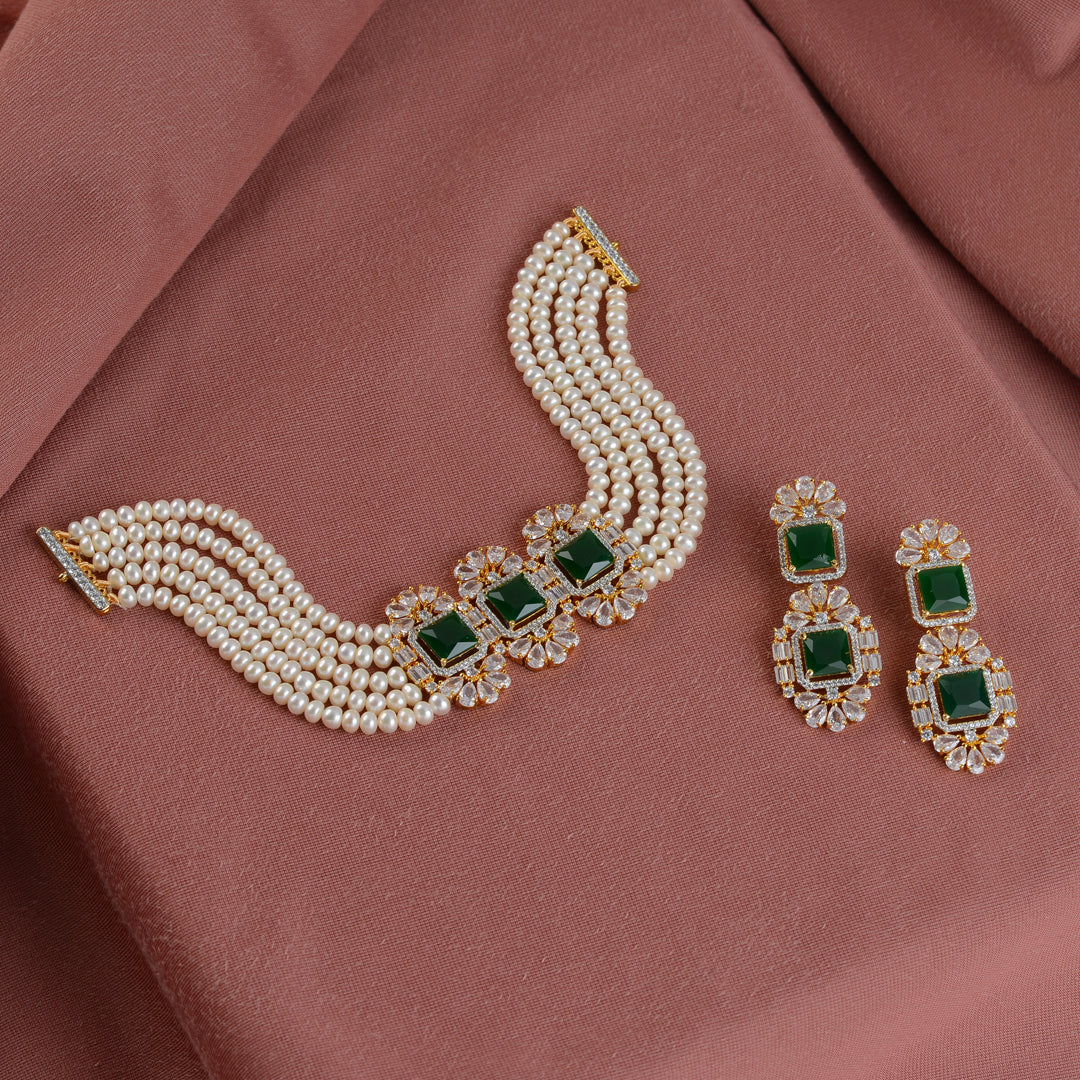 Gorgeous button pearl choker set with greenstone - Krishna Jewellers Pearls and Gems
