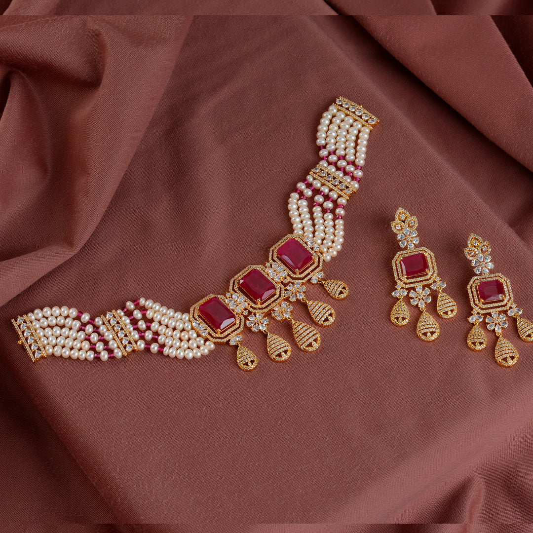 Elegant 5-Layered Choker Pearl Necklace and Earrings with Red Stones - Krishna Jewellers Pearls and Gems