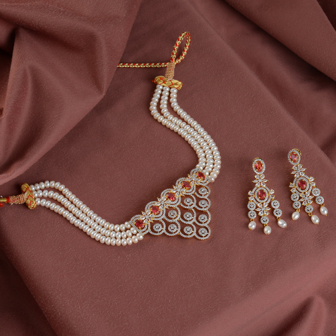 Pearl Choker Set with Red Stones and Freshwater Pearls - Krishna Jewellers Pearls and Gems