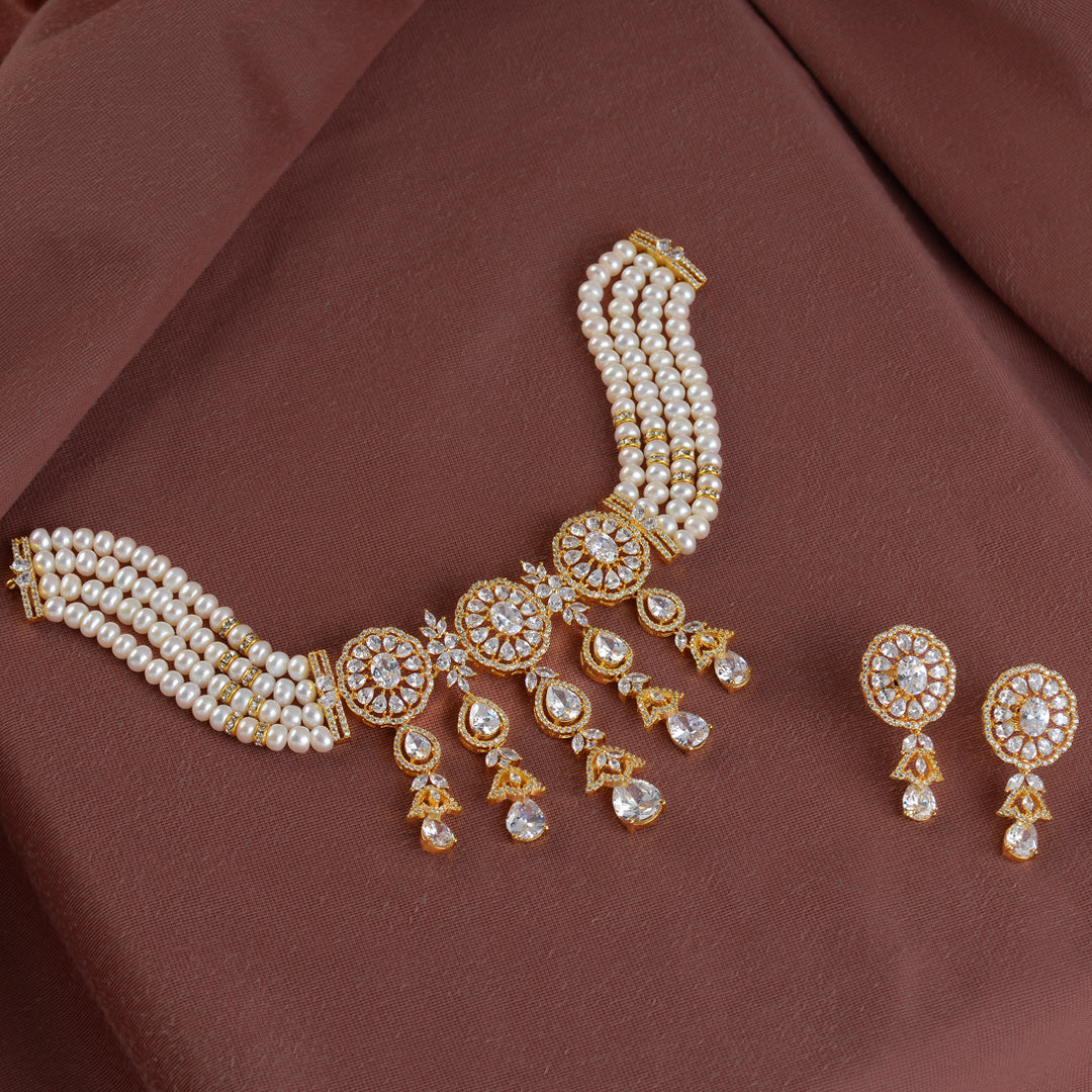 Three Line Button Pearl Choker Necklace Set with white cz stones - Krishna Jewellers Pearls and Gems