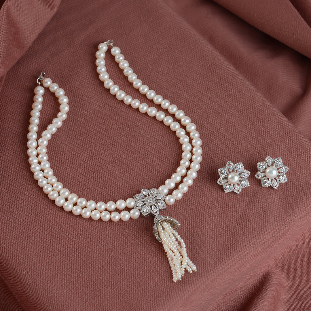 Perfect Round Natural Pearl Necklace and Earrings with Cz Pendant - Krishna Jewellers Pearls and Gems