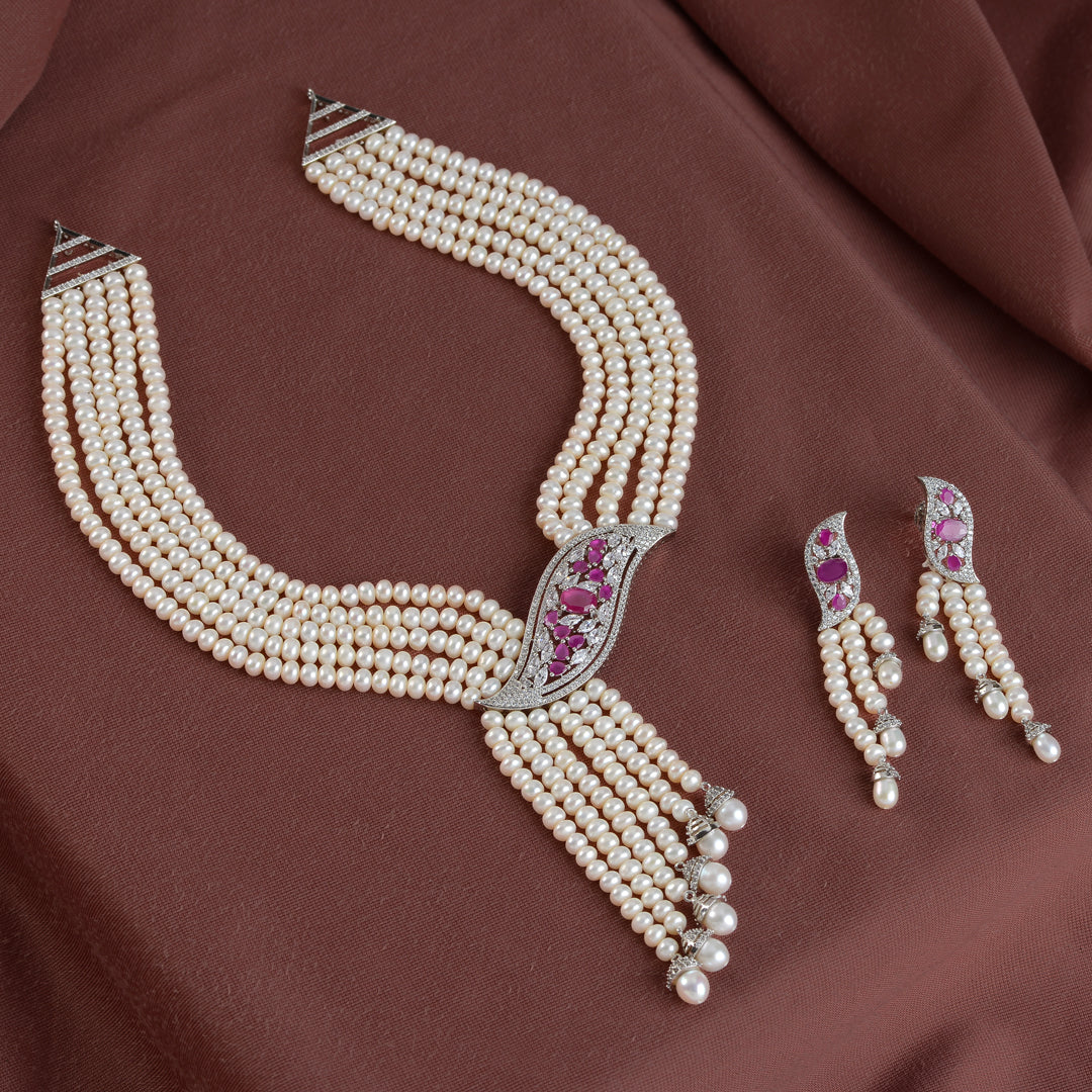 Pearl Necklace and Earrings with Pink Stones and CZ's - Krishna Jewellers Pearls and Gems