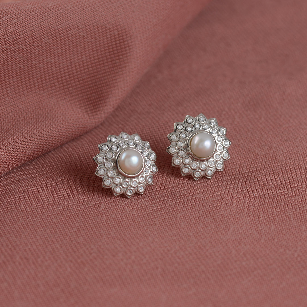 Silver Pearl Stud Earrings - Krishna Jewellers Pearls and Gems