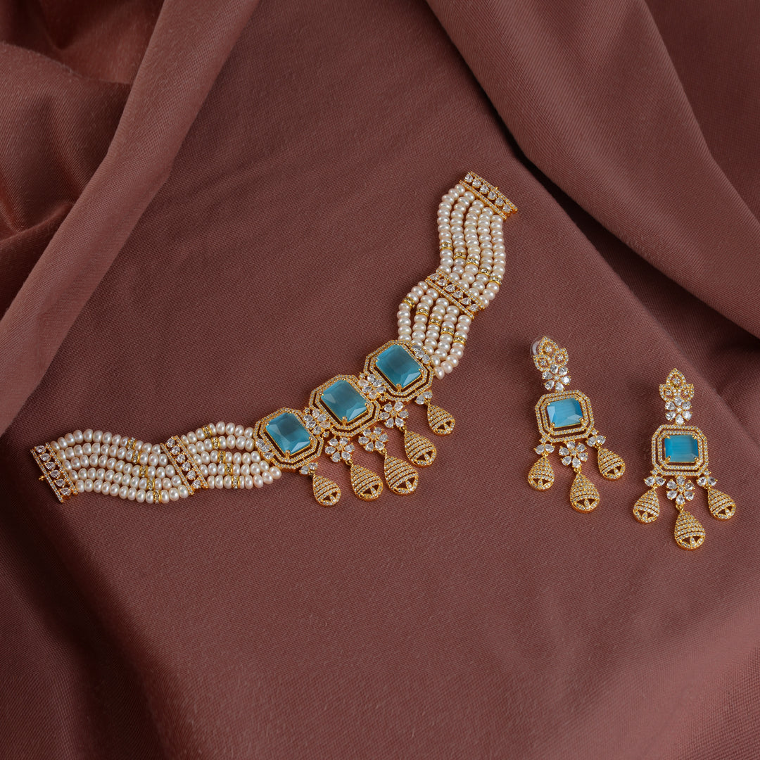 Beautiful Natural Pearl Choker Set with Bright Sky blue stones - Krishna Jewellers Pearls and Gems