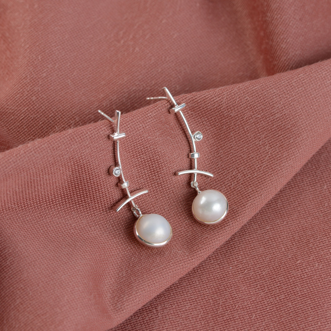 Elegant Silver Button Pearl Earrings - Krishna Jewellers Pearls and Gems