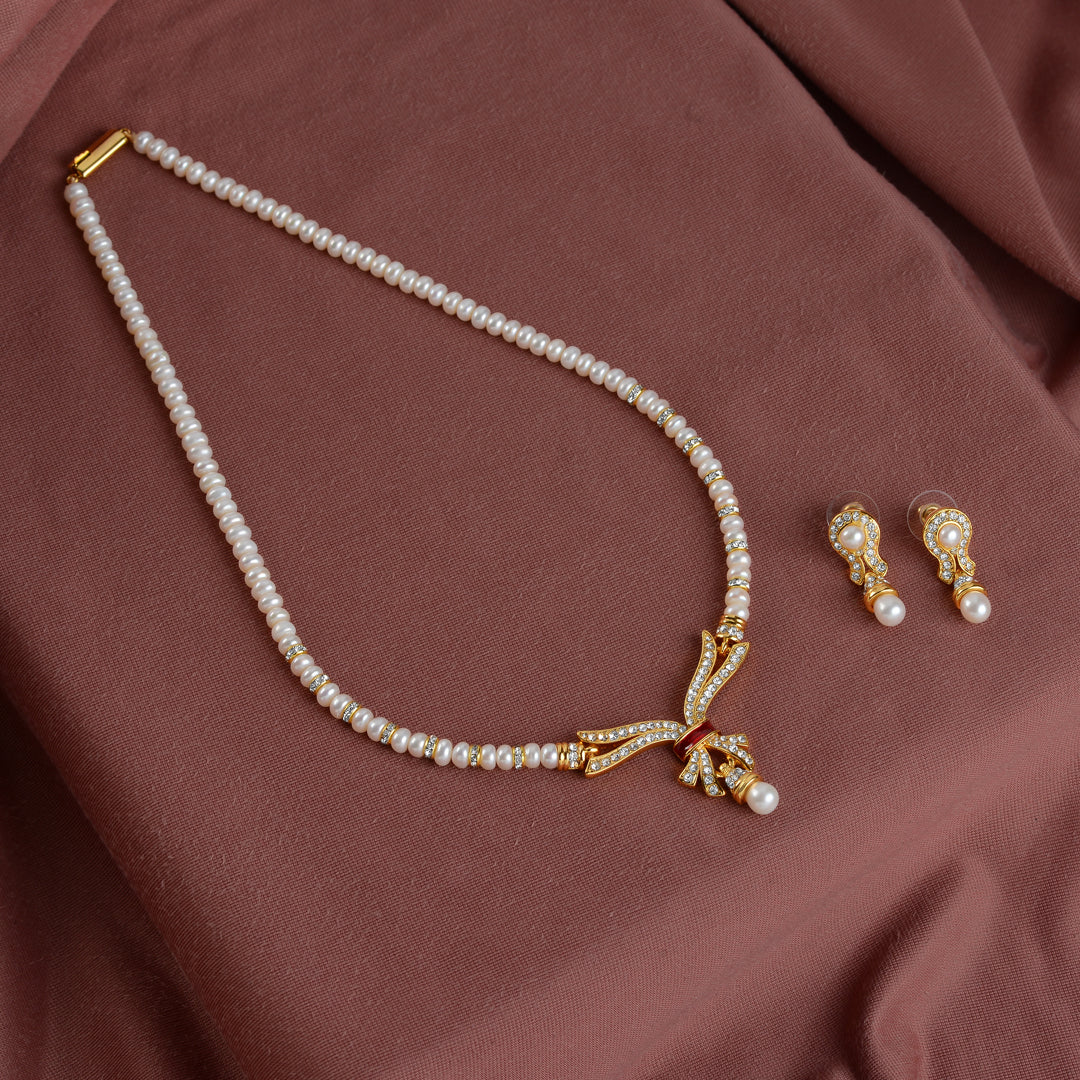 Elegant Button Pearl Single Line Necklace and Earrings Set - Krishna Jewellers Pearls and Gems