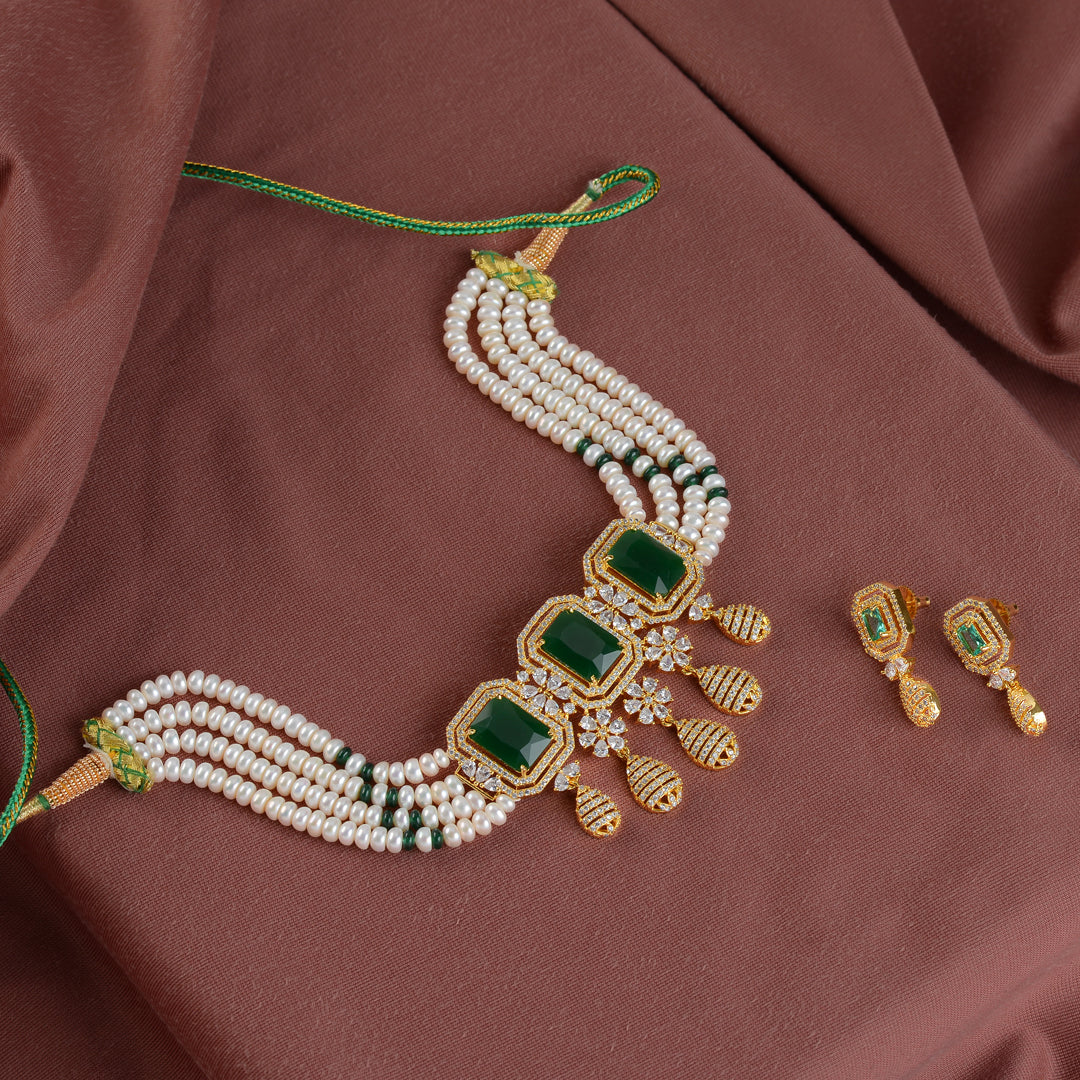 Elegant Natural Pearl Choker Necklace Set with Greenstones - Krishna Jewellers Pearls and Gems