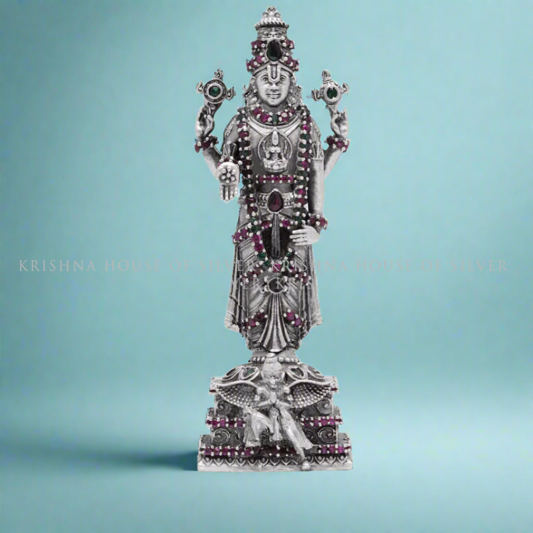 Antique Finish Silver Garuda Venkateswara Idol with Gemstones